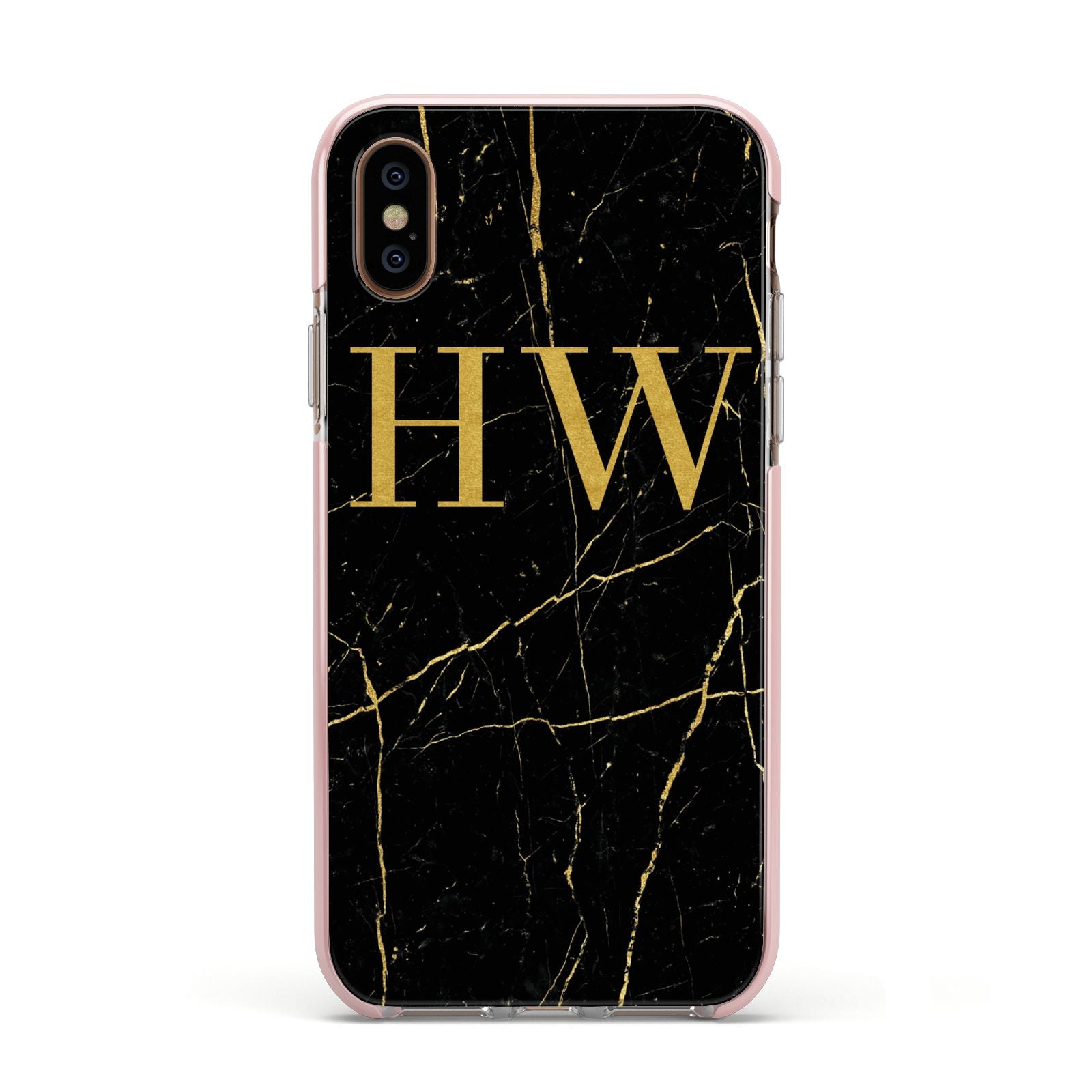 Gold Marble Monogram Personalised Apple iPhone Xs Impact Case Pink Edge on Gold Phone