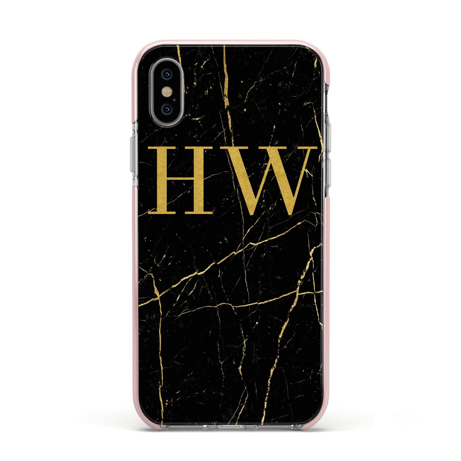 Gold Marble Monogram Personalised Apple iPhone Xs Impact Case Pink Edge on Silver Phone