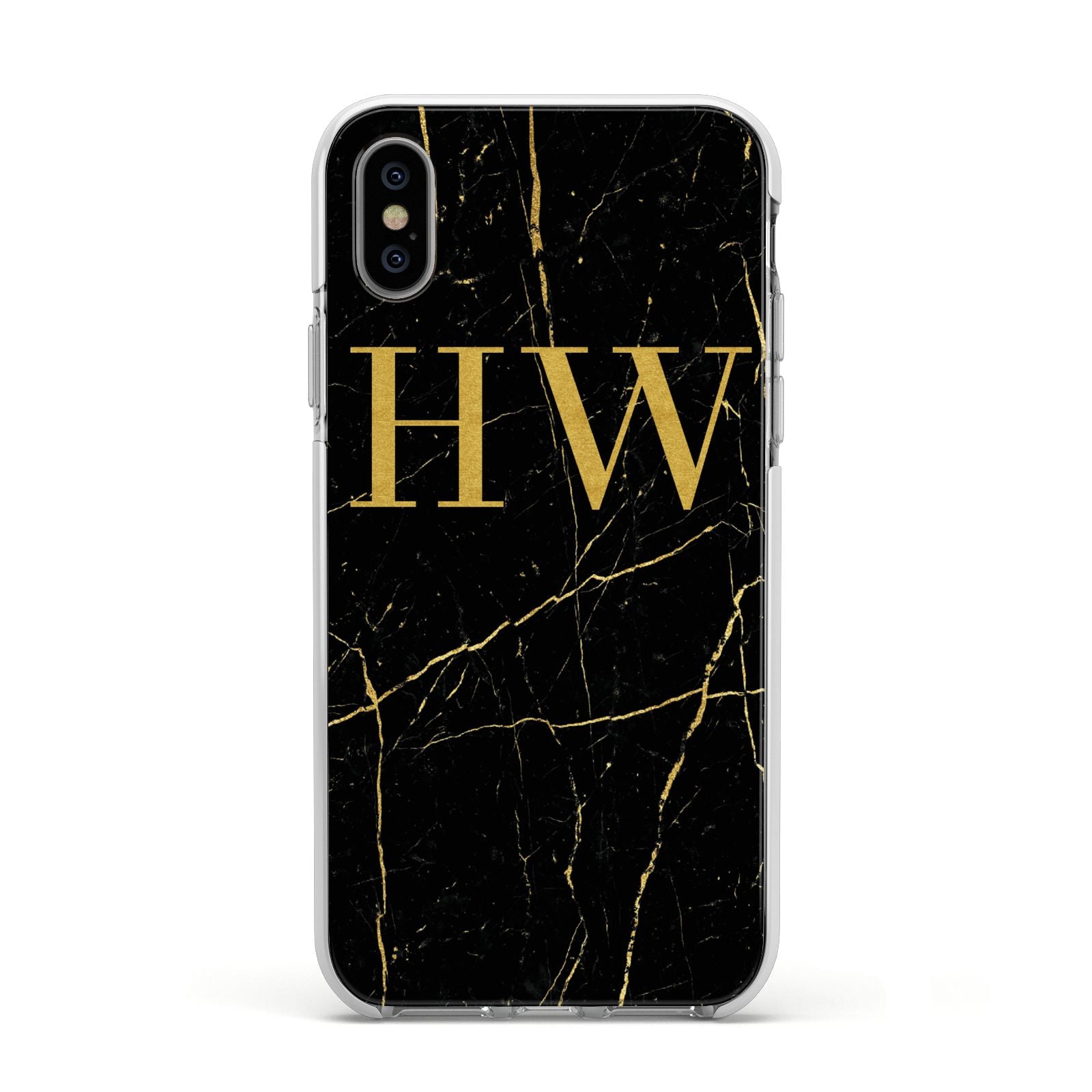 Gold Marble Monogram Personalised Apple iPhone Xs Impact Case White Edge on Silver Phone