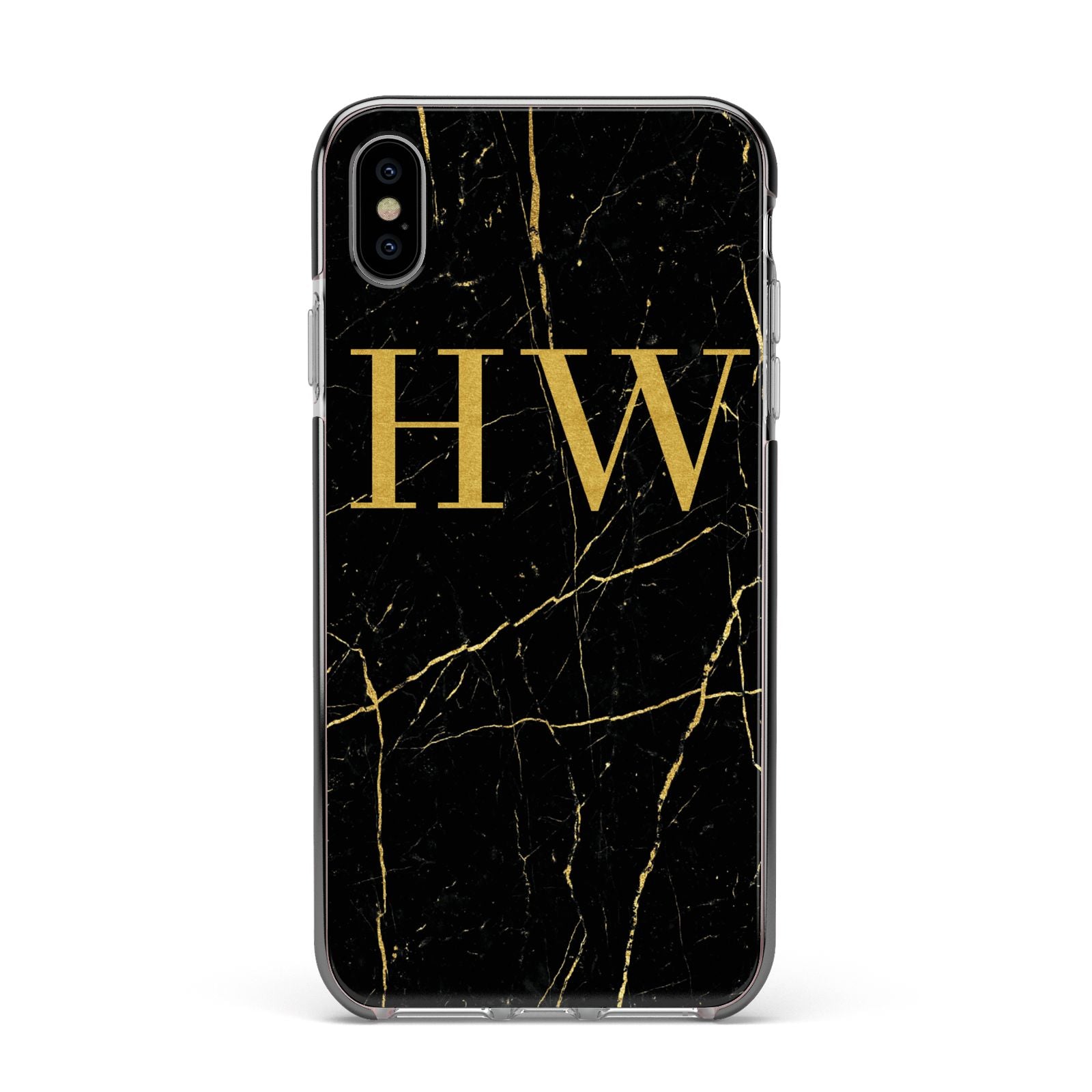 Gold Marble Monogram Personalised Apple iPhone Xs Max Impact Case Black Edge on Silver Phone