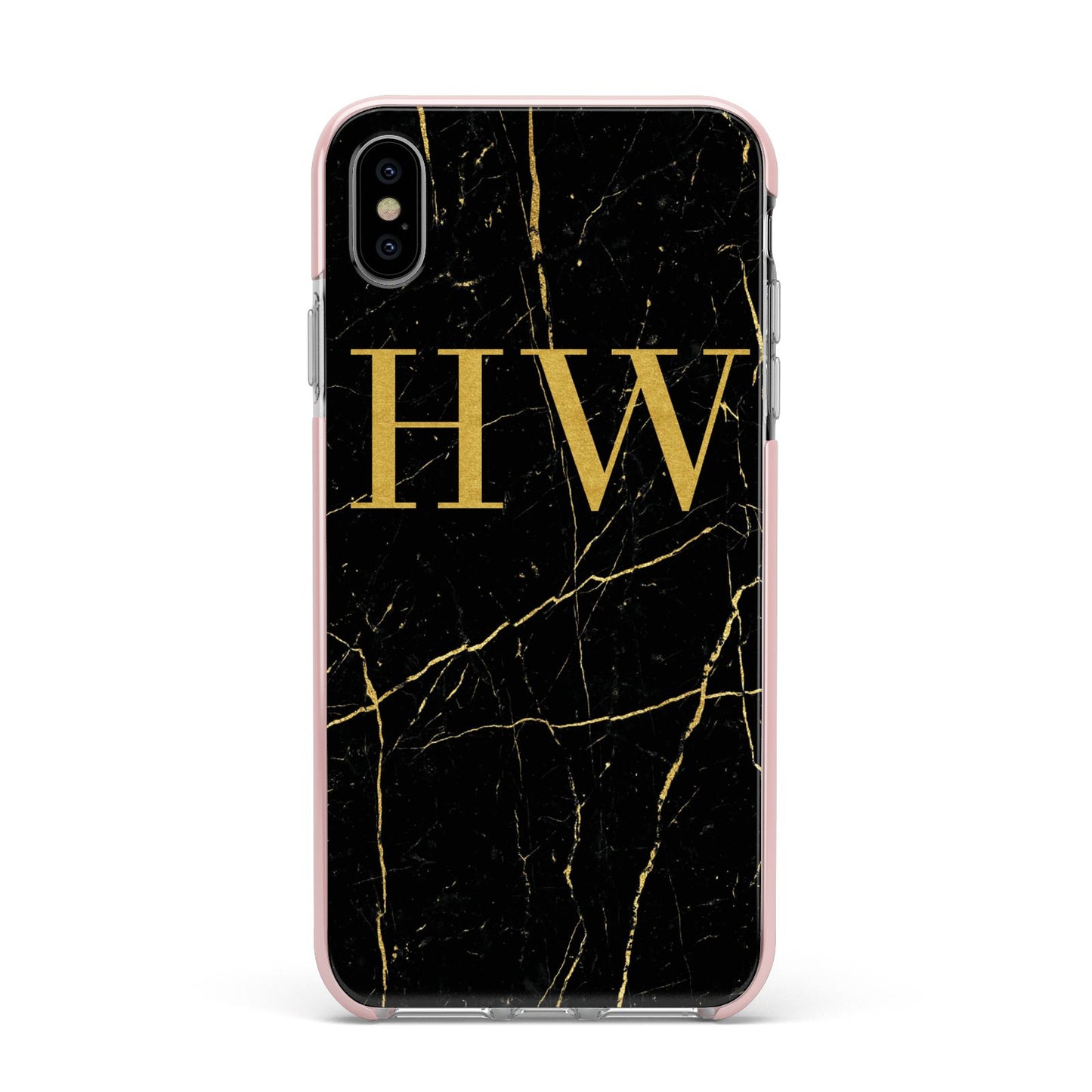Gold Marble Monogram Personalised Apple iPhone Xs Max Impact Case Pink Edge on Silver Phone
