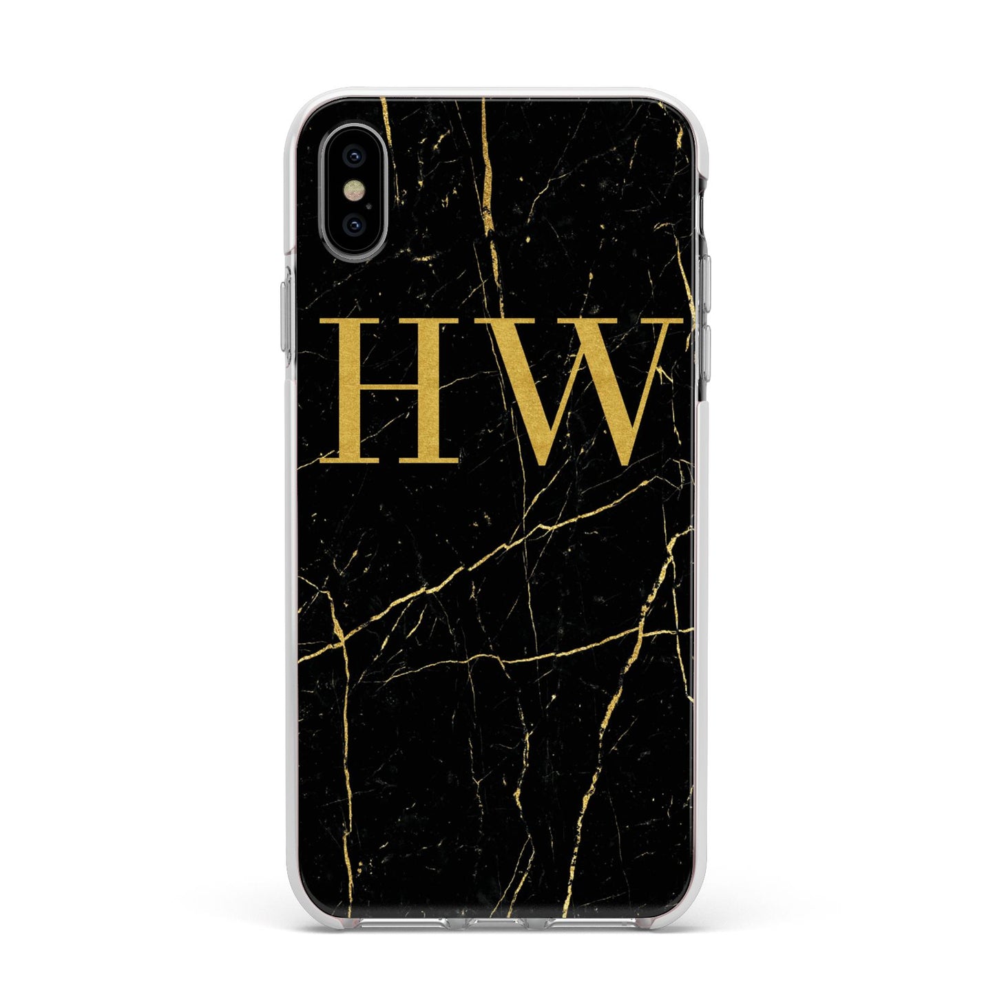 Gold Marble Monogram Personalised Apple iPhone Xs Max Impact Case White Edge on Silver Phone
