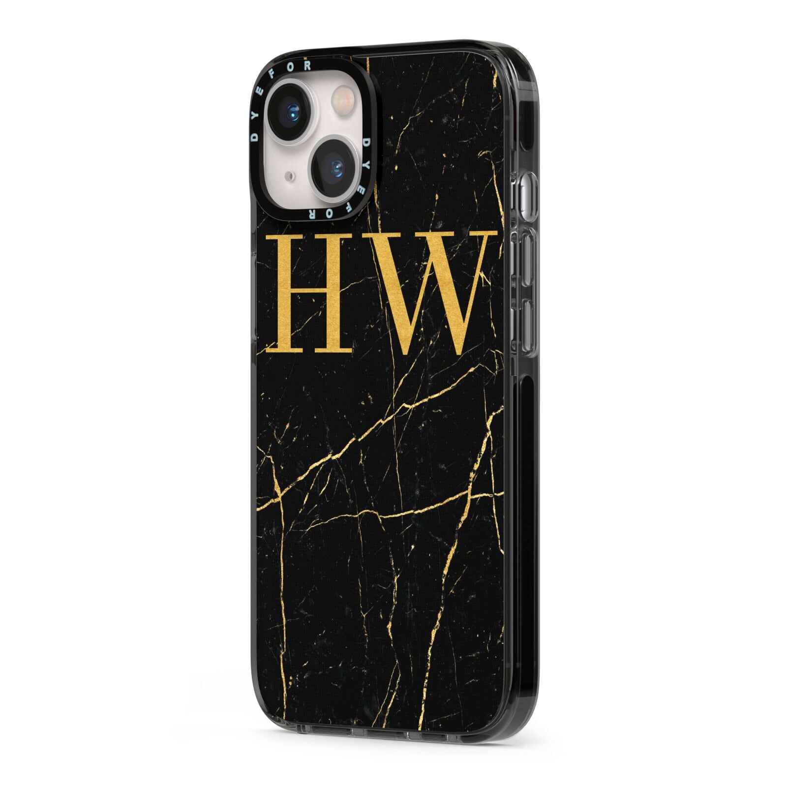 Gold Marble Monogram Personalised iPhone 13 Black Impact Case Side Angle on Silver phone