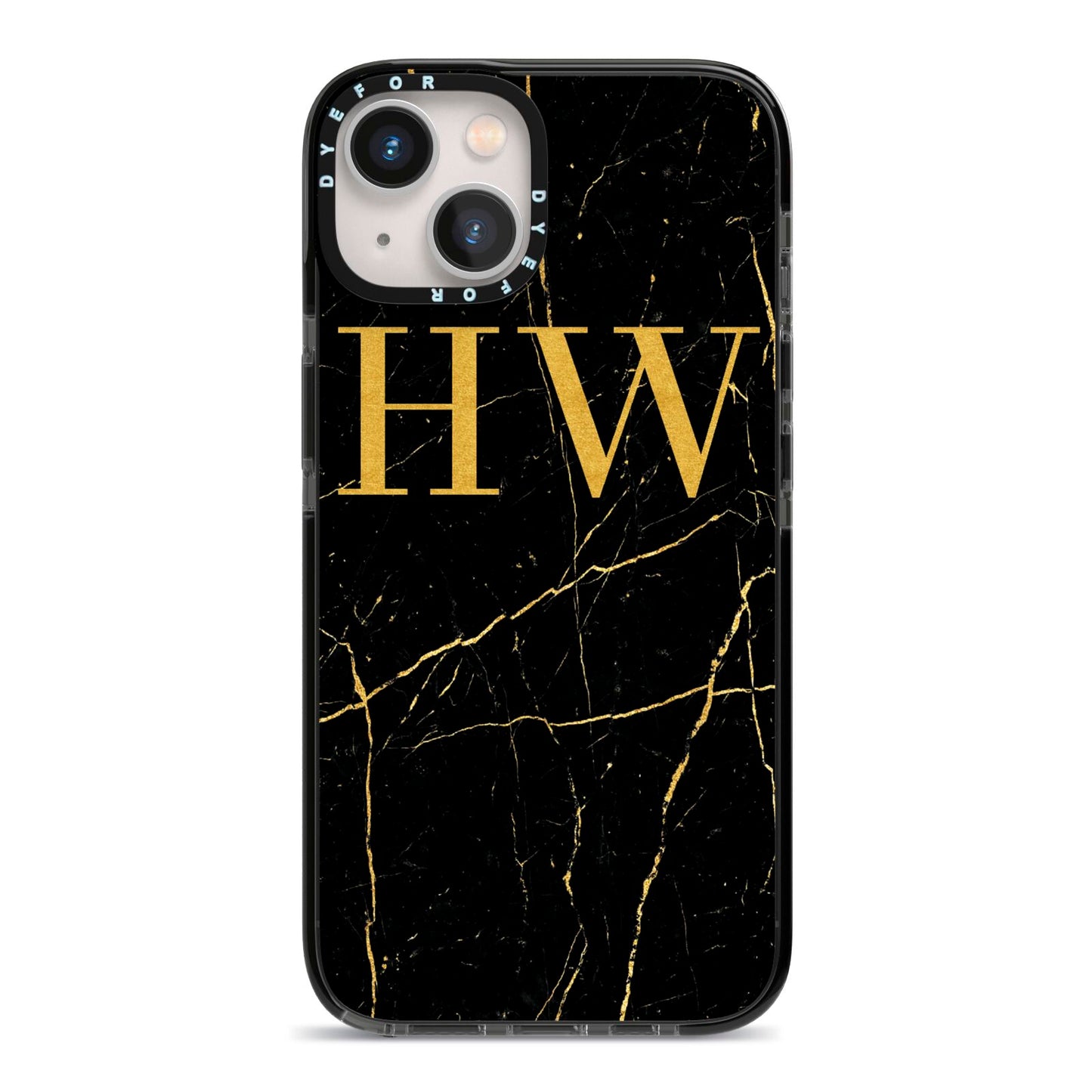 Gold Marble Monogram Personalised iPhone 13 Black Impact Case on Silver phone