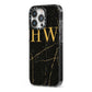 Gold Marble Monogram Personalised iPhone 13 Pro Black Impact Case Side Angle on Silver phone