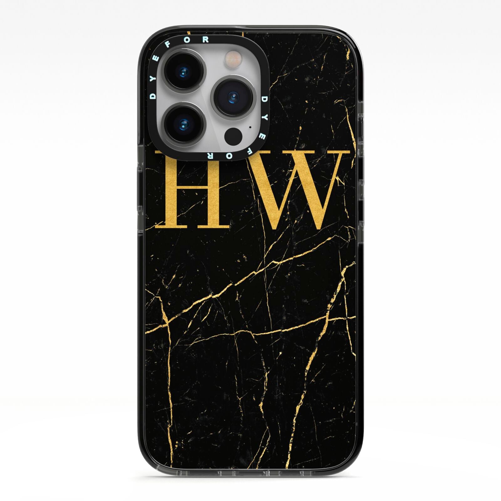Gold Marble Monogram Personalised iPhone 13 Pro Black Impact Case on Silver phone