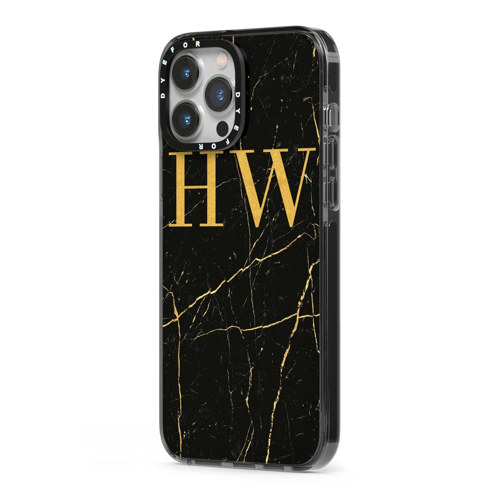 Gold Marble Monogram Personalised iPhone 13 Pro Max Black Impact Case Side Angle on Silver phone
