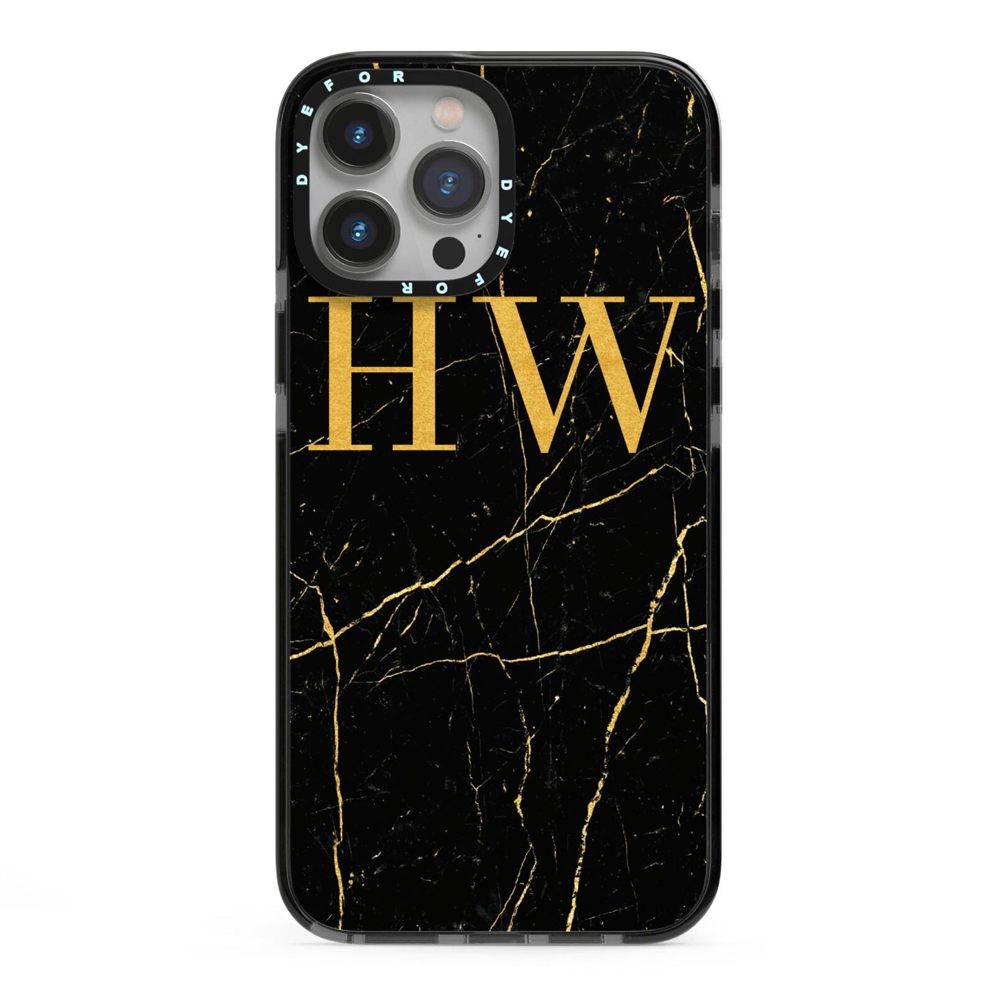 Gold Marble Monogram Personalised iPhone 13 Pro Max Black Impact Case on Silver phone