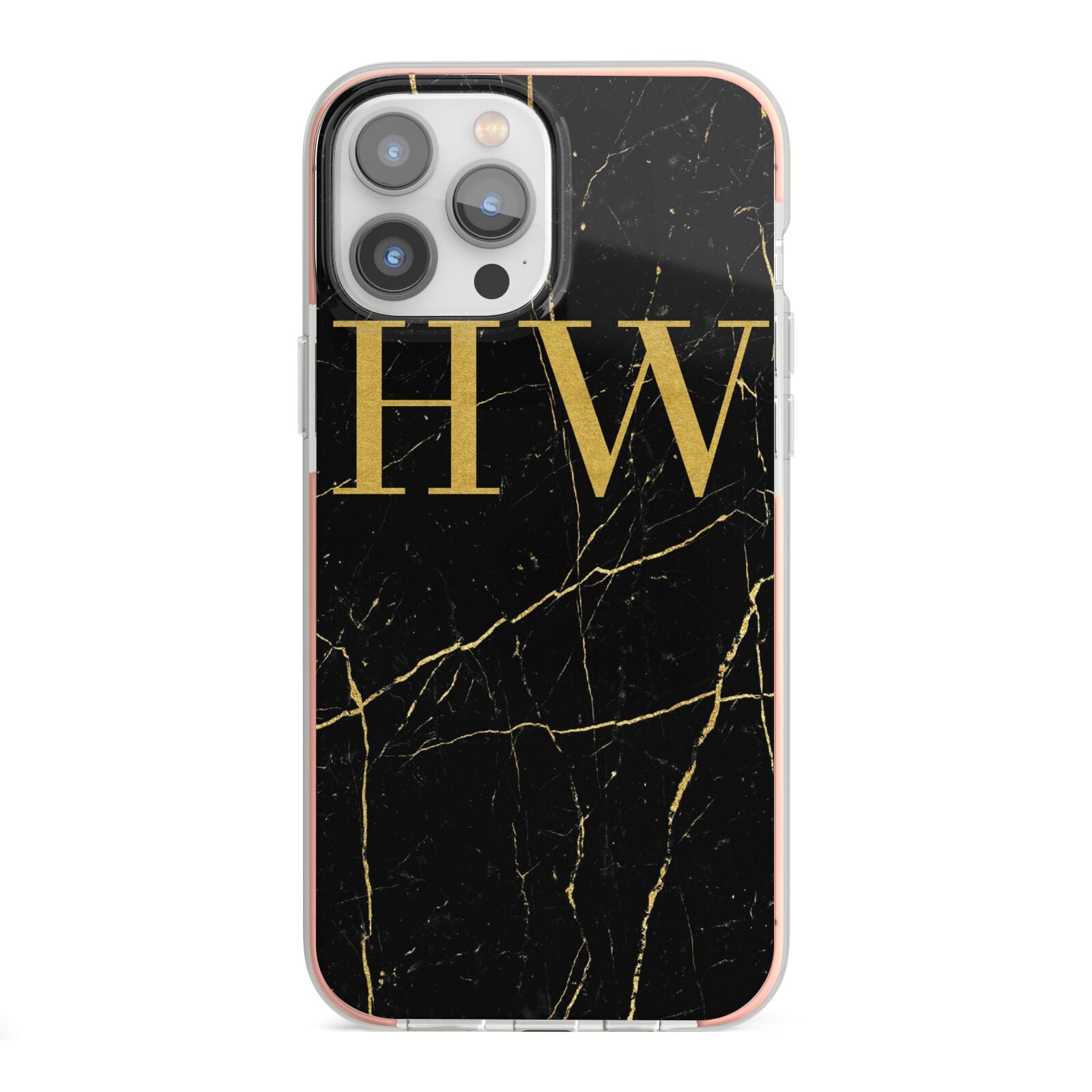 Gold Marble Monogram Personalised iPhone 13 Pro Max TPU Impact Case with Pink Edges