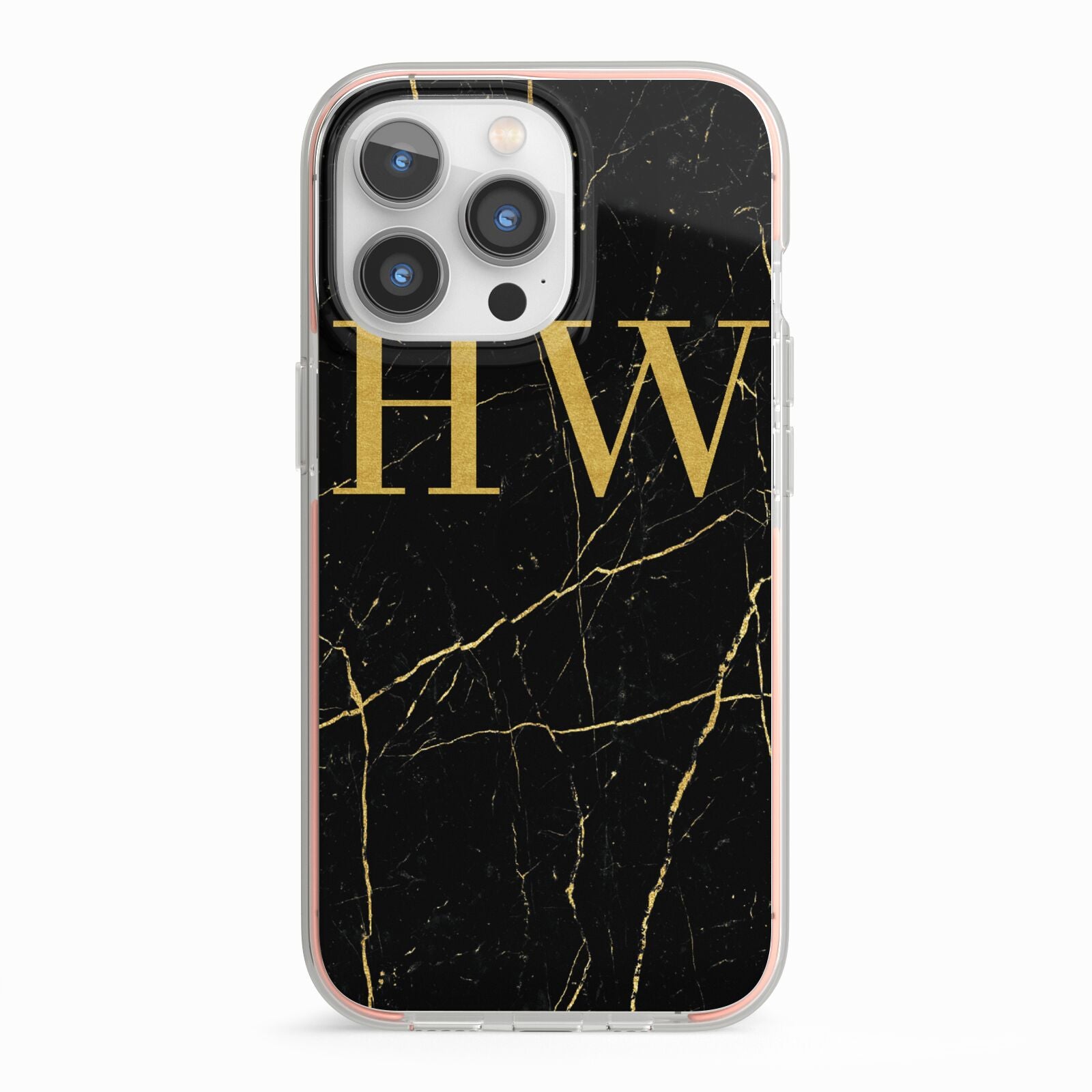 Gold Marble Monogram Personalised iPhone 13 Pro TPU Impact Case with Pink Edges