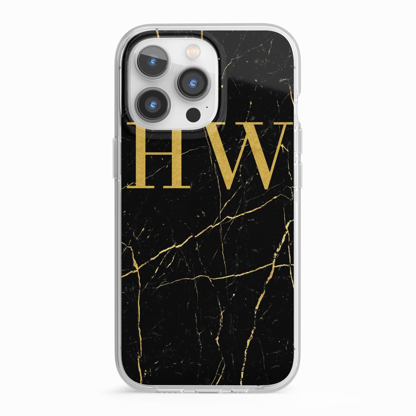 Gold Marble Monogram Personalised iPhone 13 Pro TPU Impact Case with White Edges