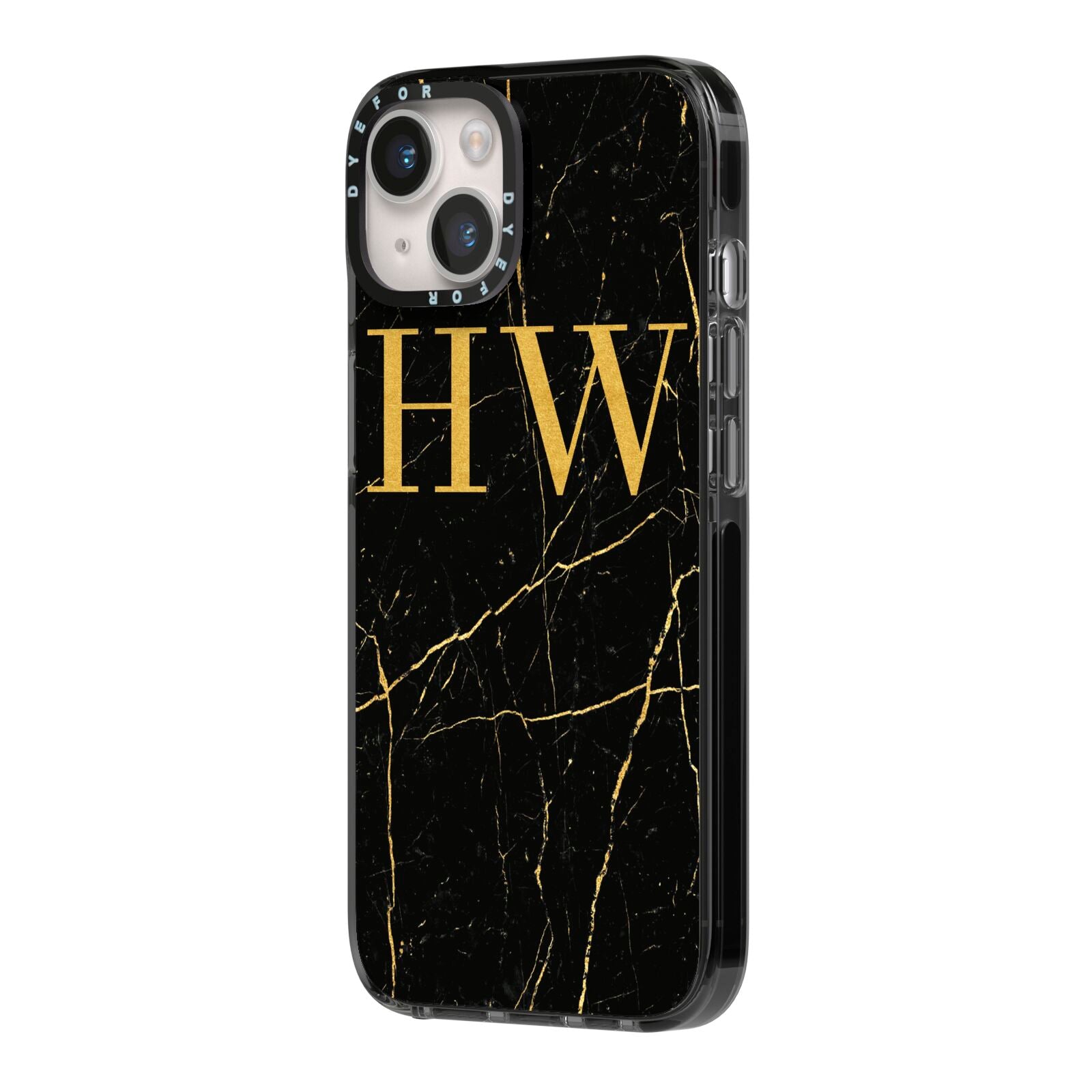 Gold Marble Monogram Personalised iPhone 14 Black Impact Case Side Angle on Silver phone