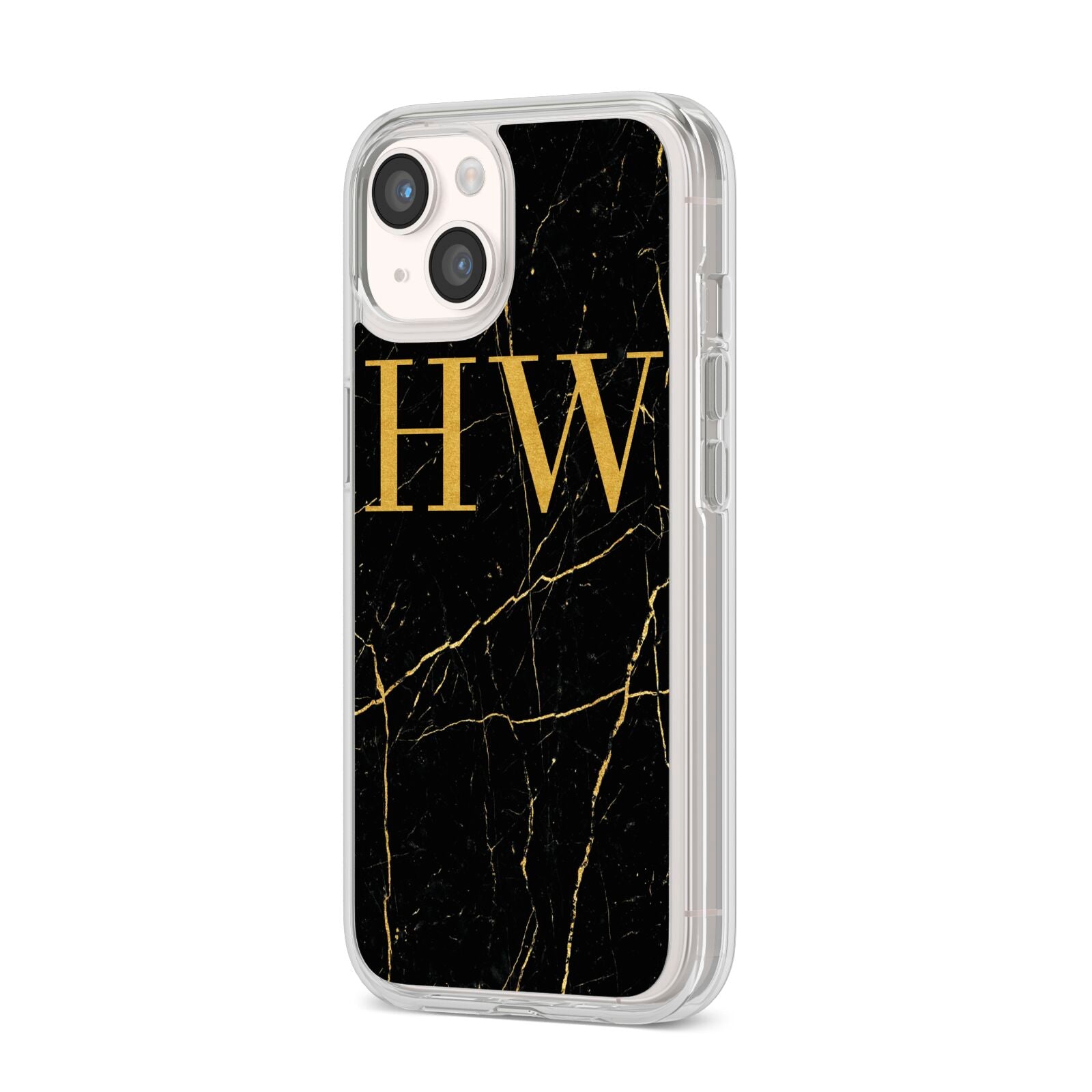Gold Marble Monogram Personalised iPhone 14 Clear Tough Case Starlight Angled Image