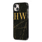 Gold Marble Monogram Personalised iPhone 14 Plus Black Impact Case Side Angle on Silver phone