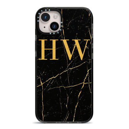 Gold Marble Monogram Personalised iPhone 14 Plus Black Impact Case on Silver phone