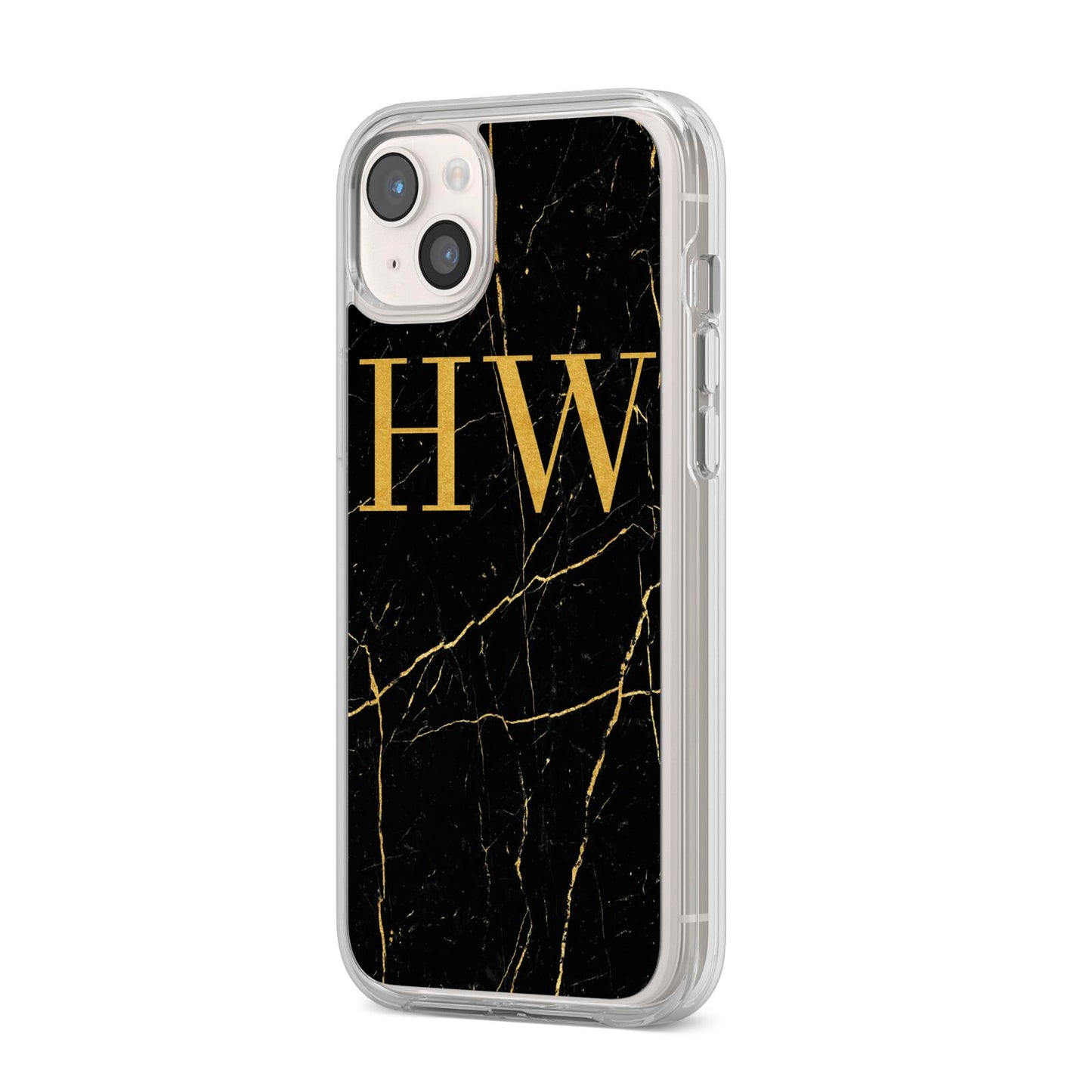 Gold Marble Monogram Personalised iPhone 14 Plus Clear Tough Case Starlight Angled Image