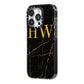 Gold Marble Monogram Personalised iPhone 14 Pro Black Impact Case Side Angle on Silver phone