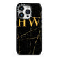 Gold Marble Monogram Personalised iPhone 14 Pro Black Impact Case on Silver phone