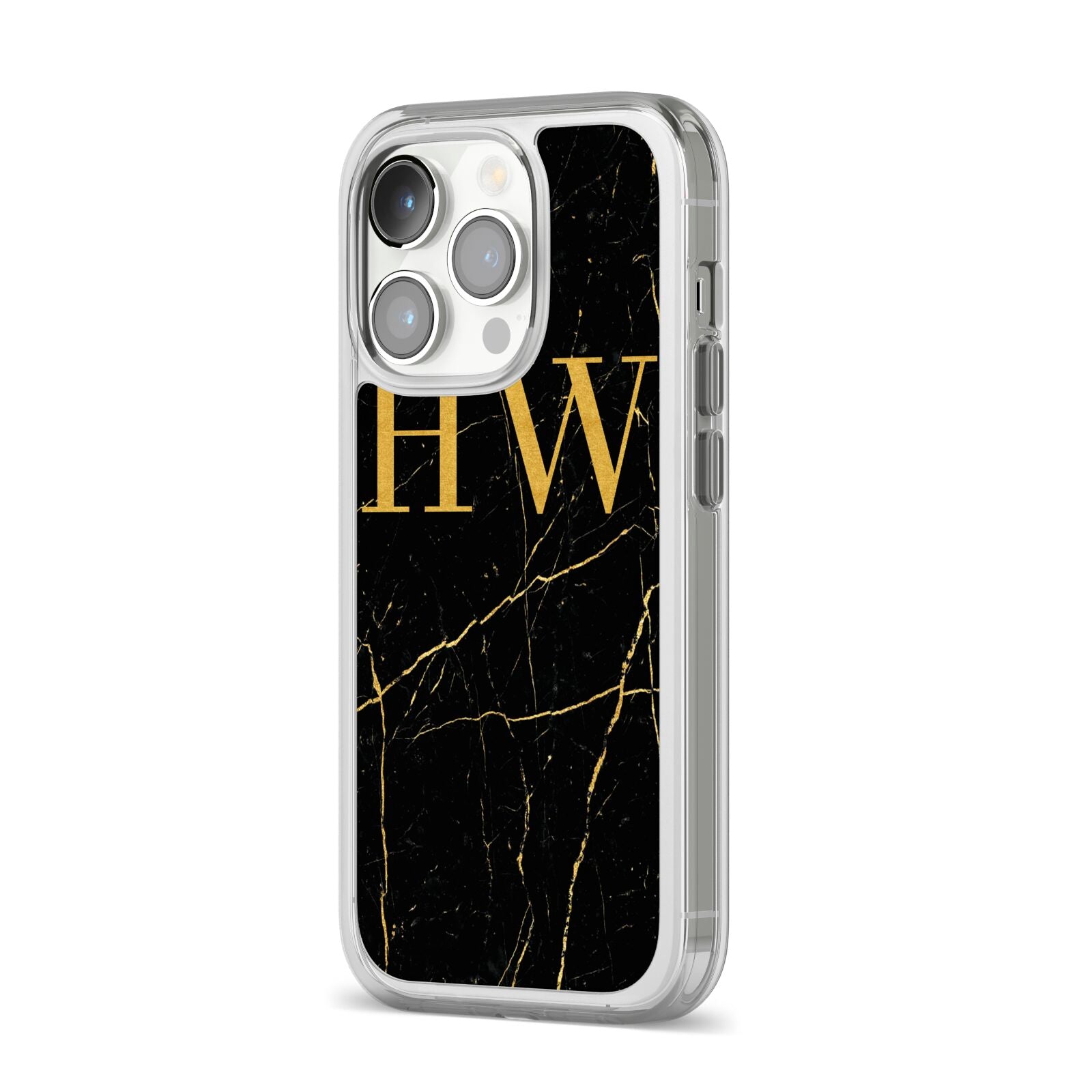 Gold Marble Monogram Personalised iPhone 14 Pro Clear Tough Case Silver Angled Image