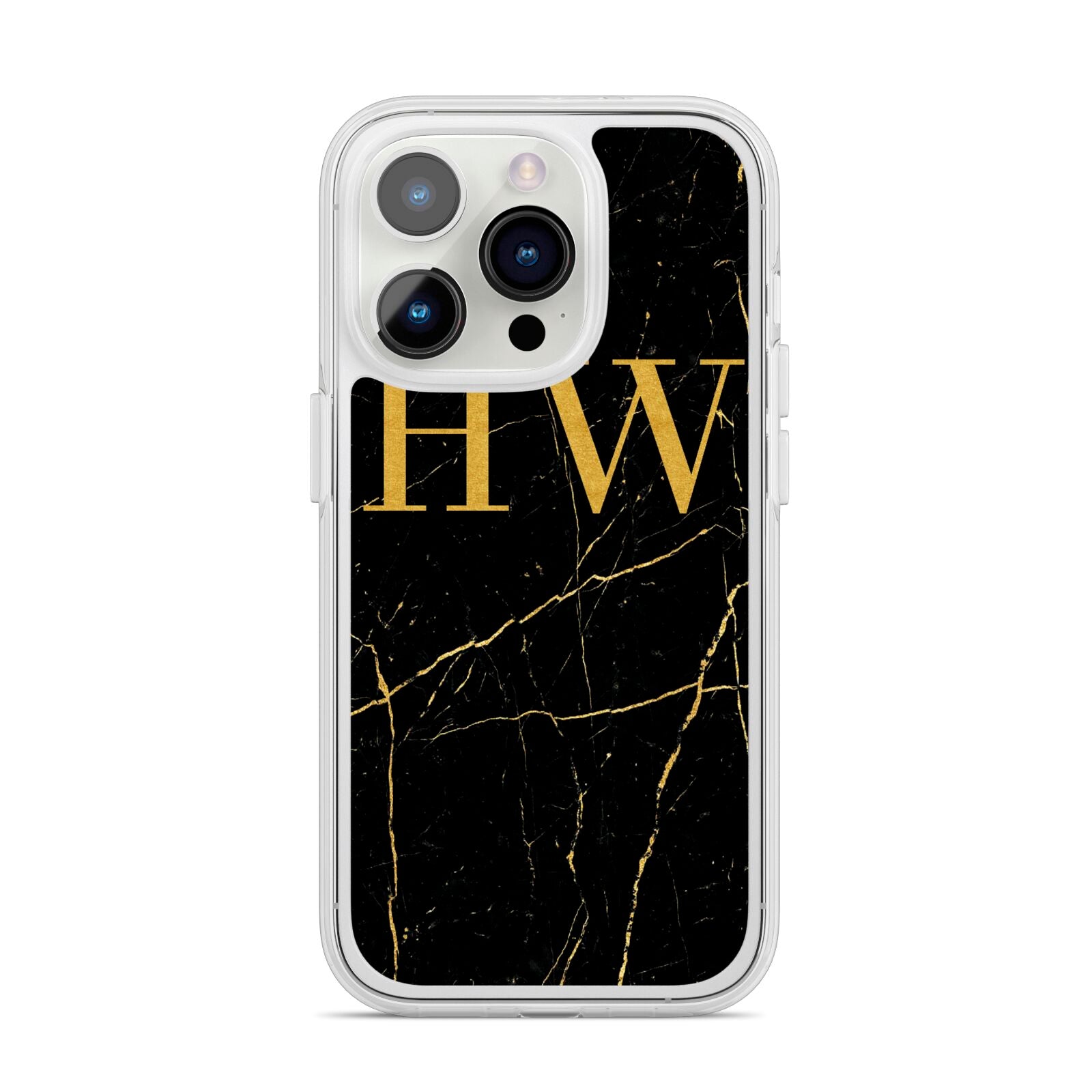 Gold Marble Monogram Personalised iPhone 14 Pro Clear Tough Case Silver