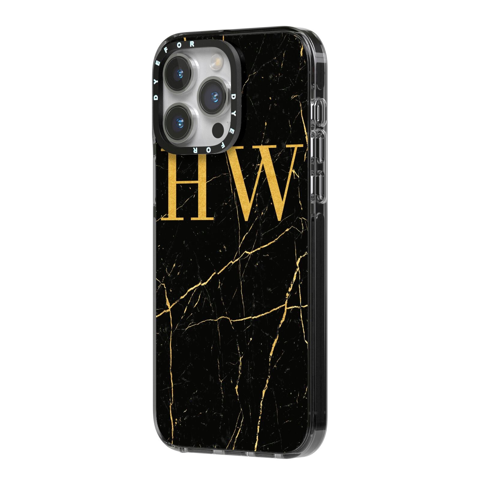 Gold Marble Monogram Personalised iPhone 14 Pro Max Black Impact Case Side Angle on Silver phone