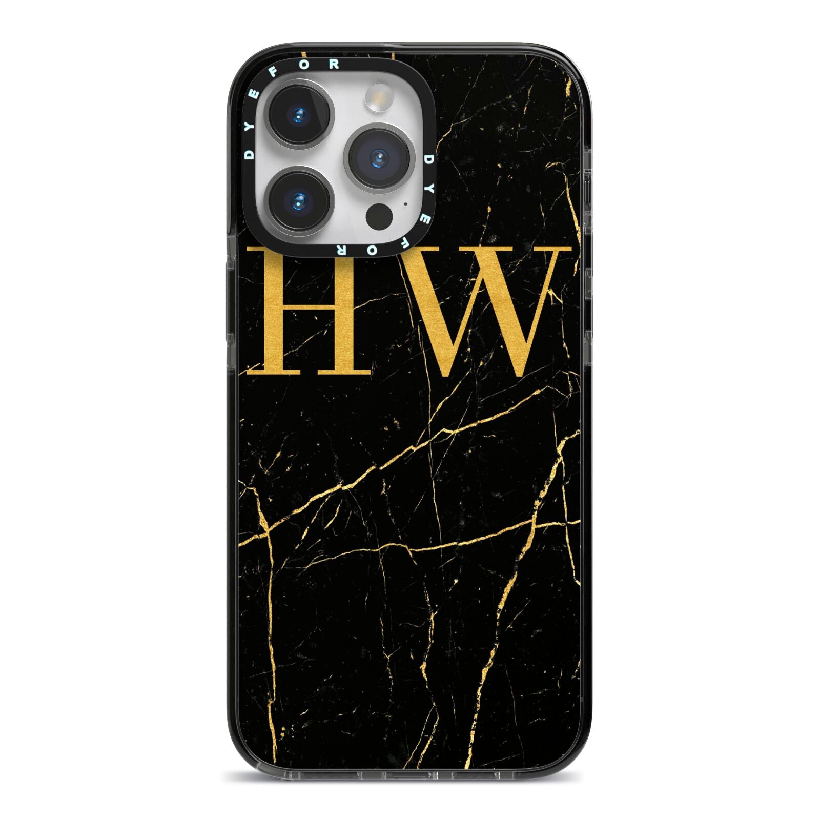 Gold Marble Monogram Personalised iPhone 14 Pro Max Black Impact Case on Silver phone