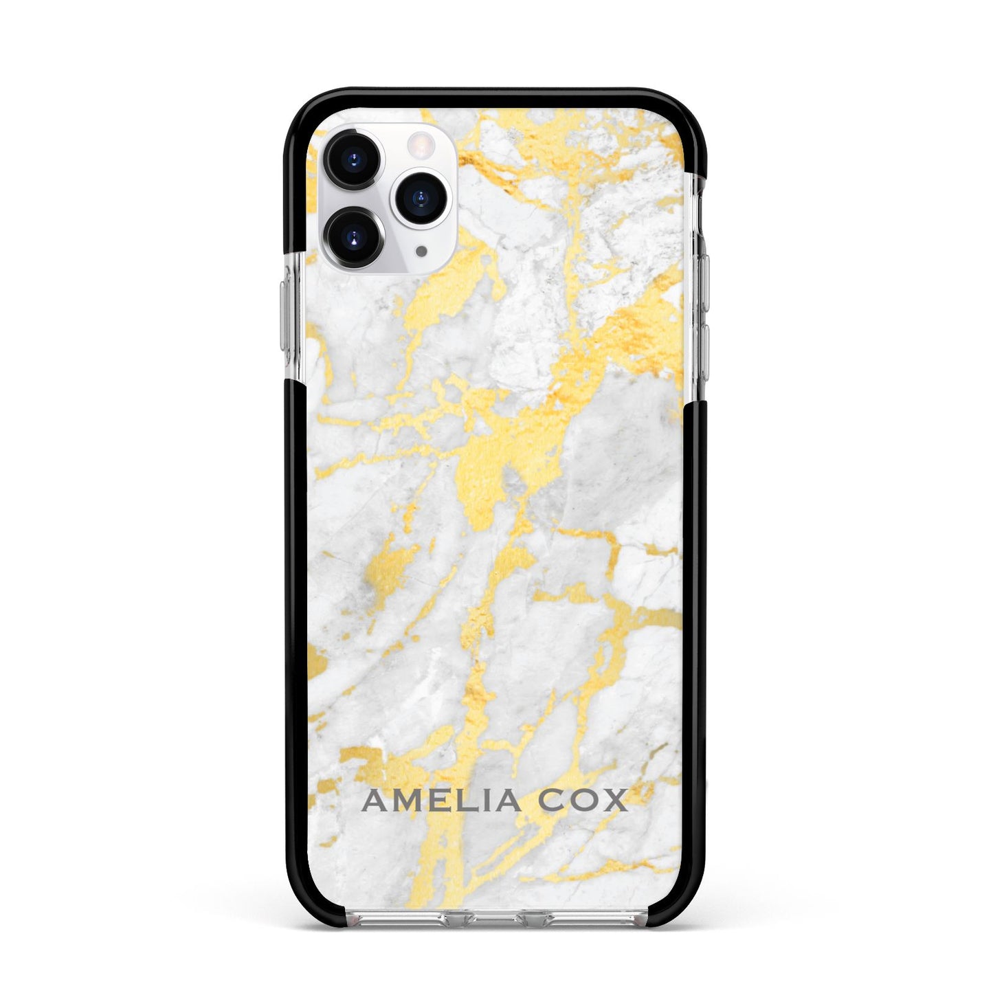 Gold Marble Name Personalised Apple iPhone 11 Pro Max in Silver with Black Impact Case