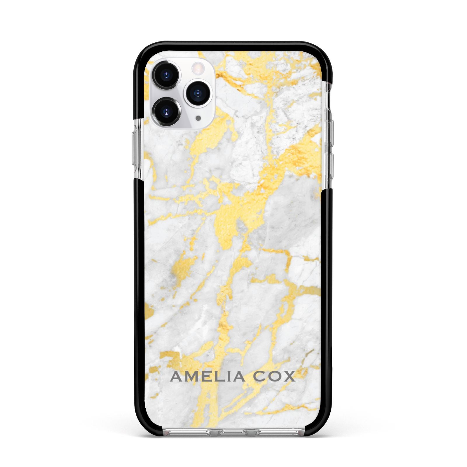 Gold Marble Name Personalised Apple iPhone 11 Pro Max in Silver with Black Impact Case