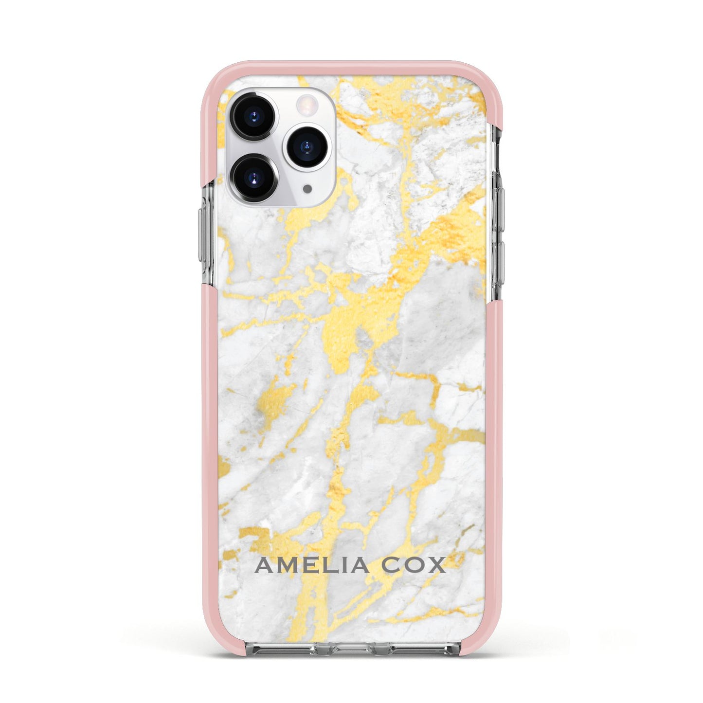 Gold Marble Name Personalised Apple iPhone 11 Pro in Silver with Pink Impact Case