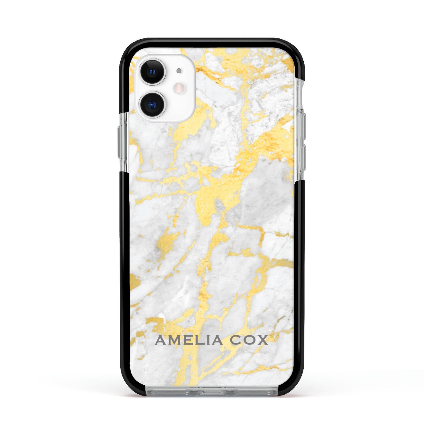 Gold Marble Name Personalised Apple iPhone 11 in White with Black Impact Case