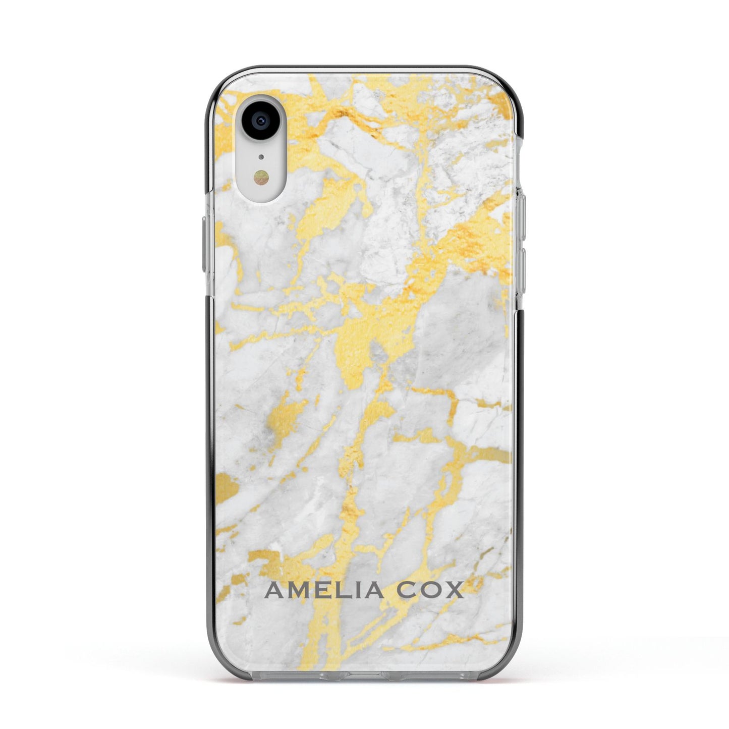 Gold Marble Name Personalised Apple iPhone XR Impact Case Black Edge on Silver Phone
