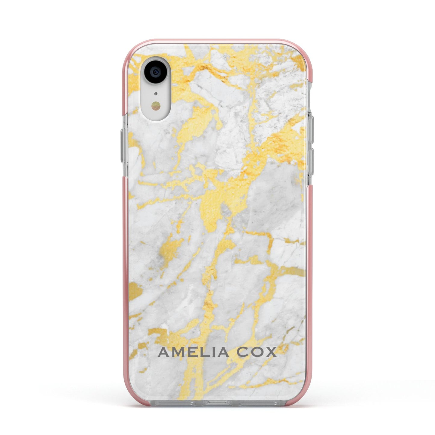Gold Marble Name Personalised Apple iPhone XR Impact Case Pink Edge on Silver Phone