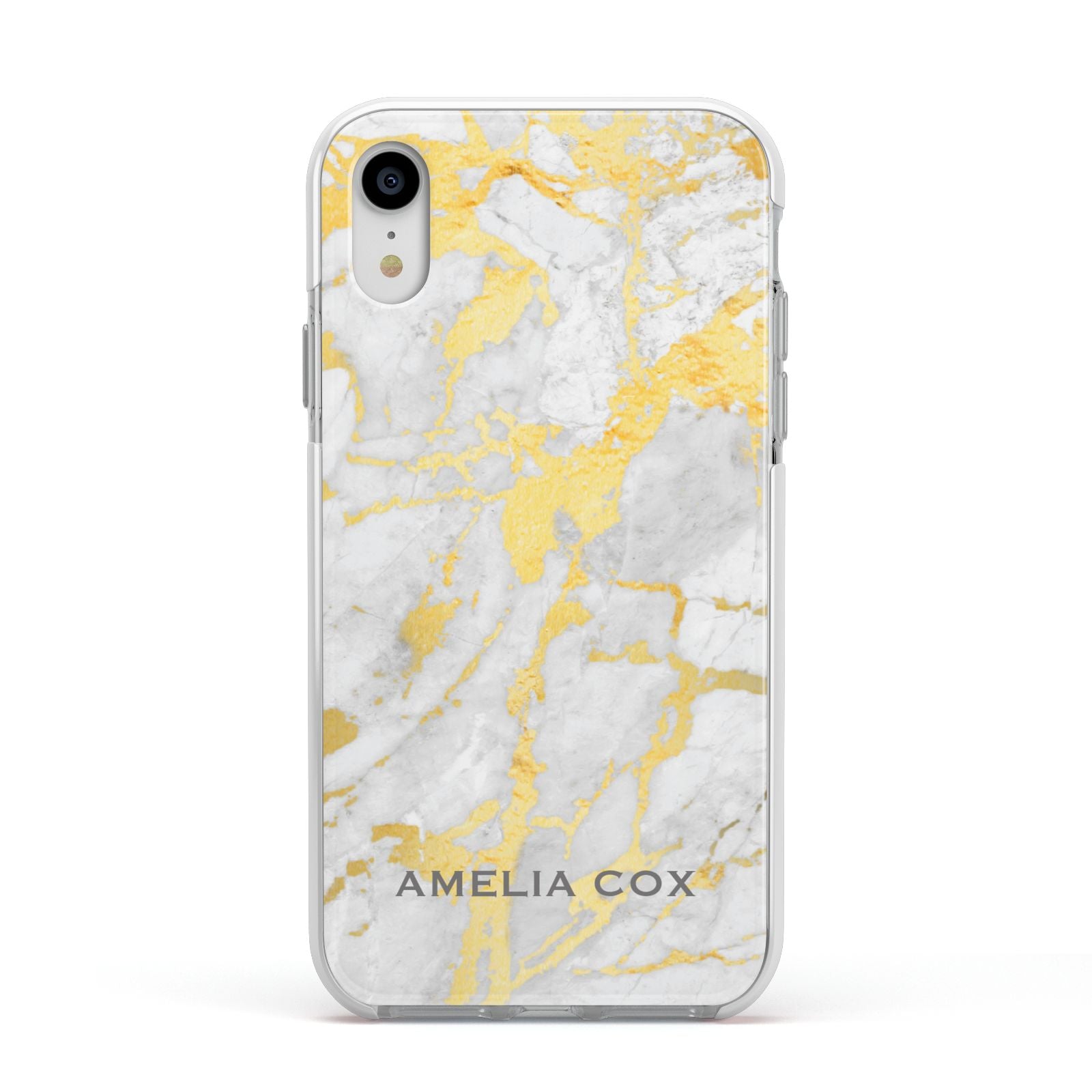 Gold Marble Name Personalised Apple iPhone XR Impact Case White Edge on Silver Phone