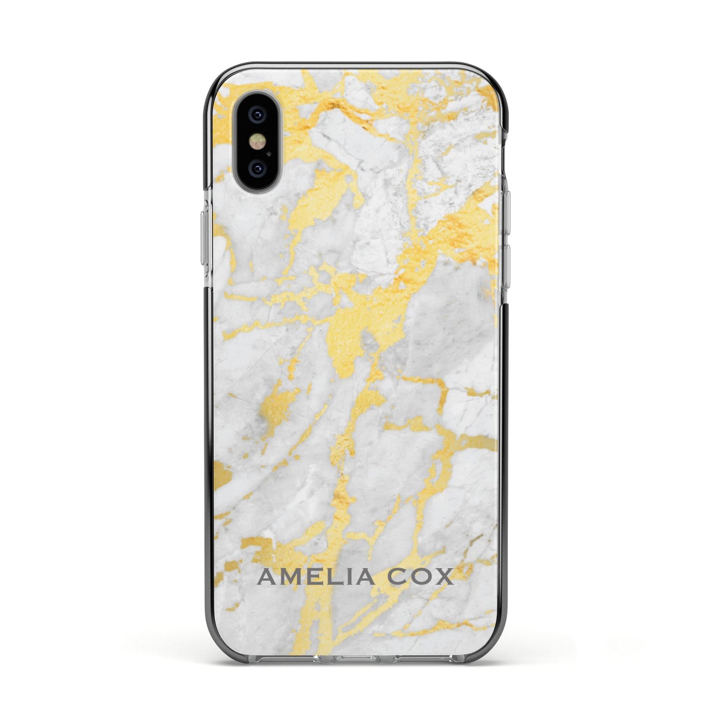 Gold Marble Name Personalised Apple iPhone Xs Impact Case Black Edge on Silver Phone