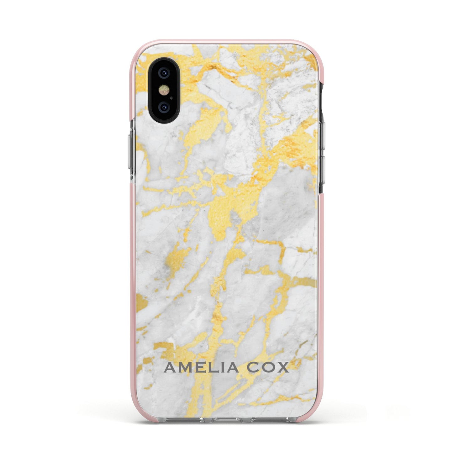 Gold Marble Name Personalised Apple iPhone Xs Impact Case Pink Edge on Black Phone