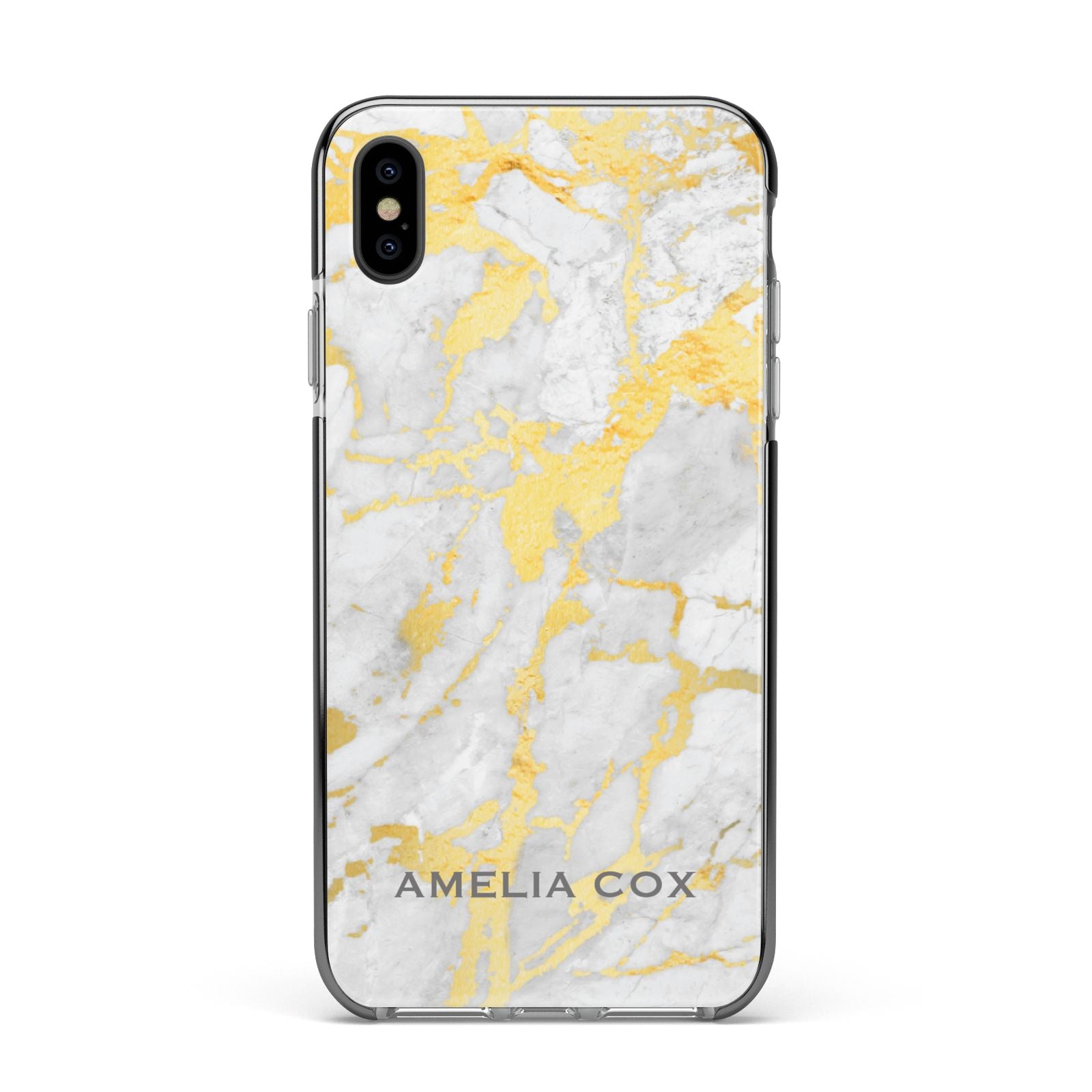 Gold Marble Name Personalised Apple iPhone Xs Max Impact Case Black Edge on Black Phone