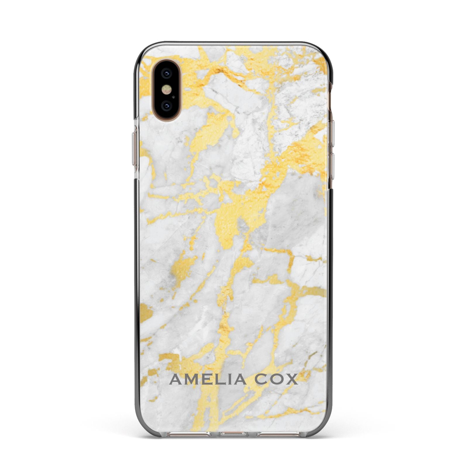 Gold Marble Name Personalised Apple iPhone Xs Max Impact Case Black Edge on Gold Phone