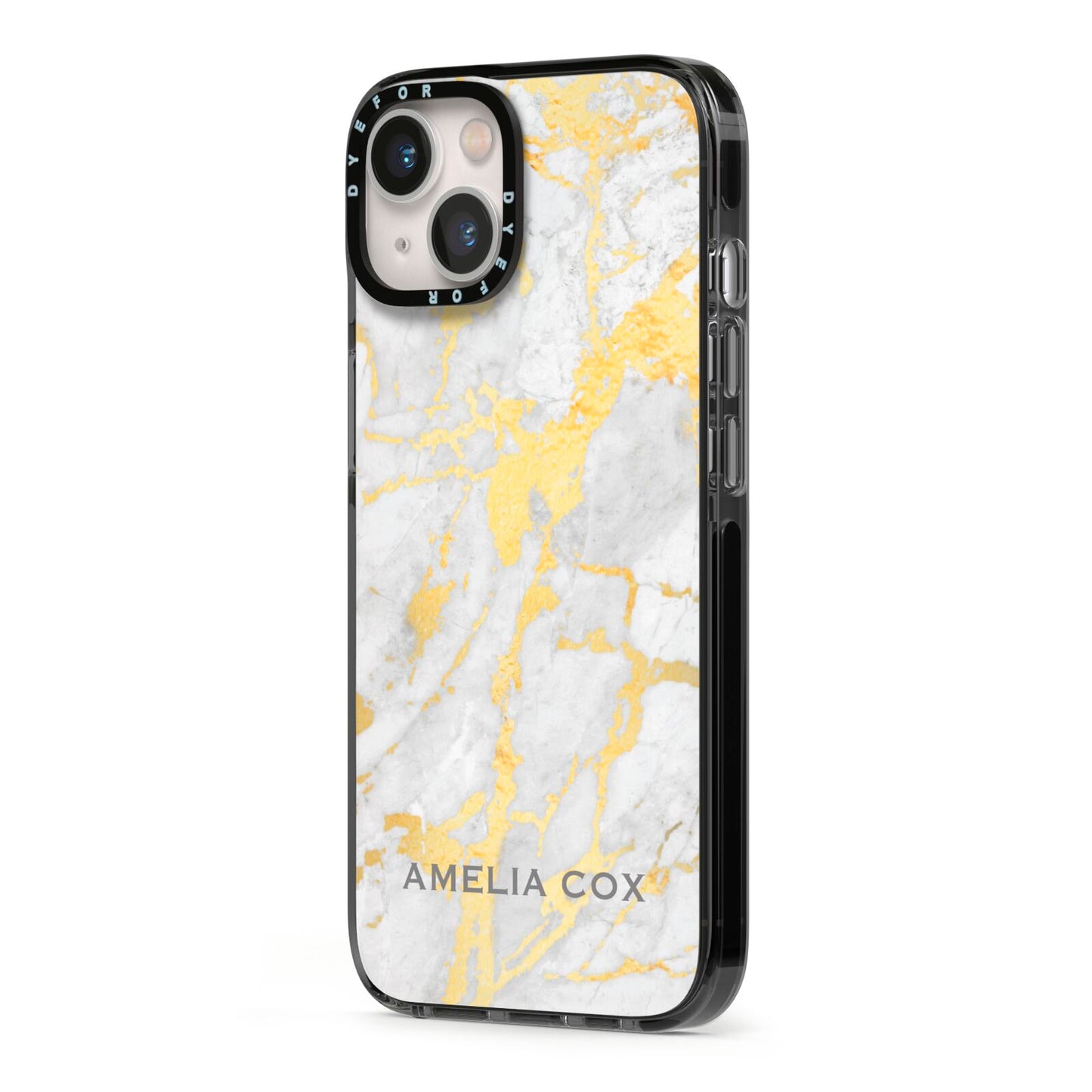 Gold Marble Name Personalised iPhone 13 Black Impact Case Side Angle on Silver phone