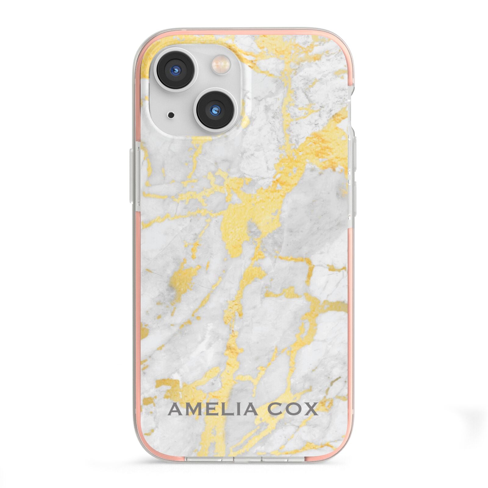Gold Marble Name Personalised iPhone 13 Mini TPU Impact Case with Pink Edges