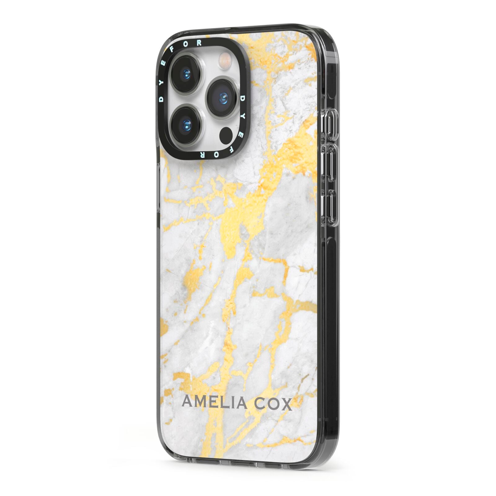 Gold Marble Name Personalised iPhone 13 Pro Black Impact Case Side Angle on Silver phone