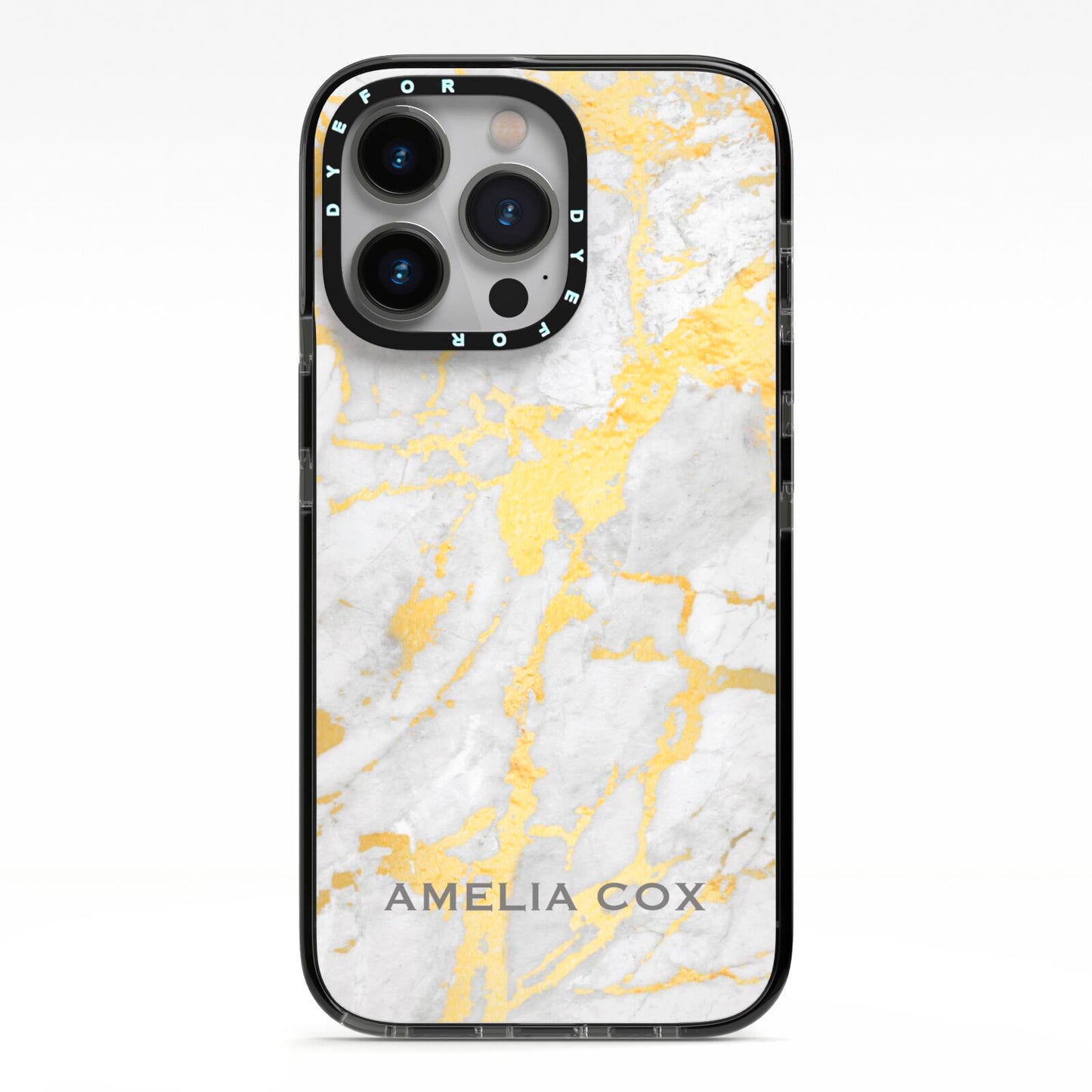Gold Marble Name Personalised iPhone 13 Pro Black Impact Case on Silver phone