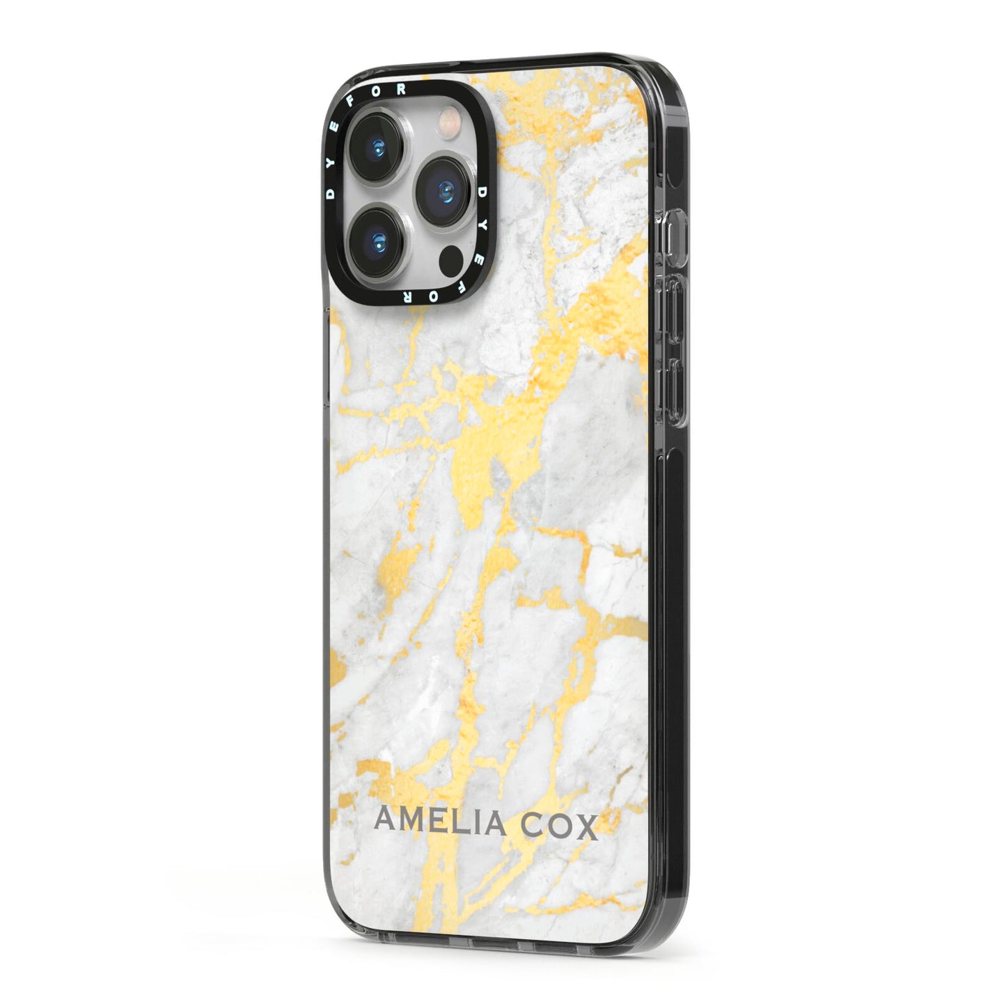Gold Marble Name Personalised iPhone 13 Pro Max Black Impact Case Side Angle on Silver phone