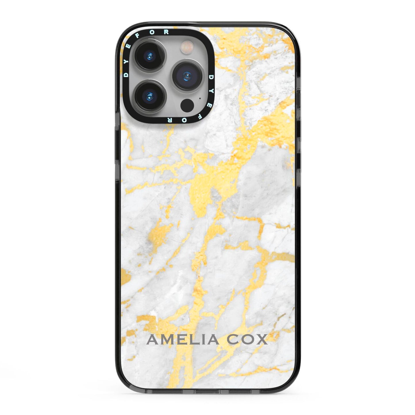 Gold Marble Name Personalised iPhone 13 Pro Max Black Impact Case on Silver phone