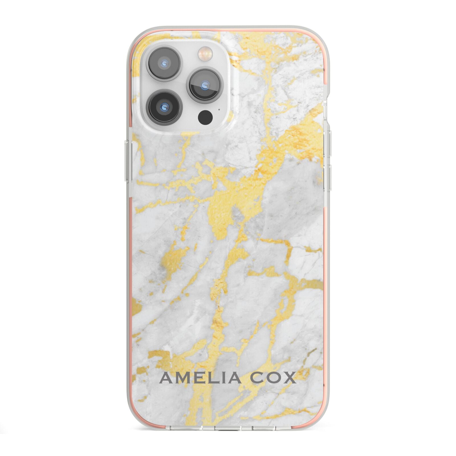 Gold Marble Name Personalised iPhone 13 Pro Max TPU Impact Case with Pink Edges