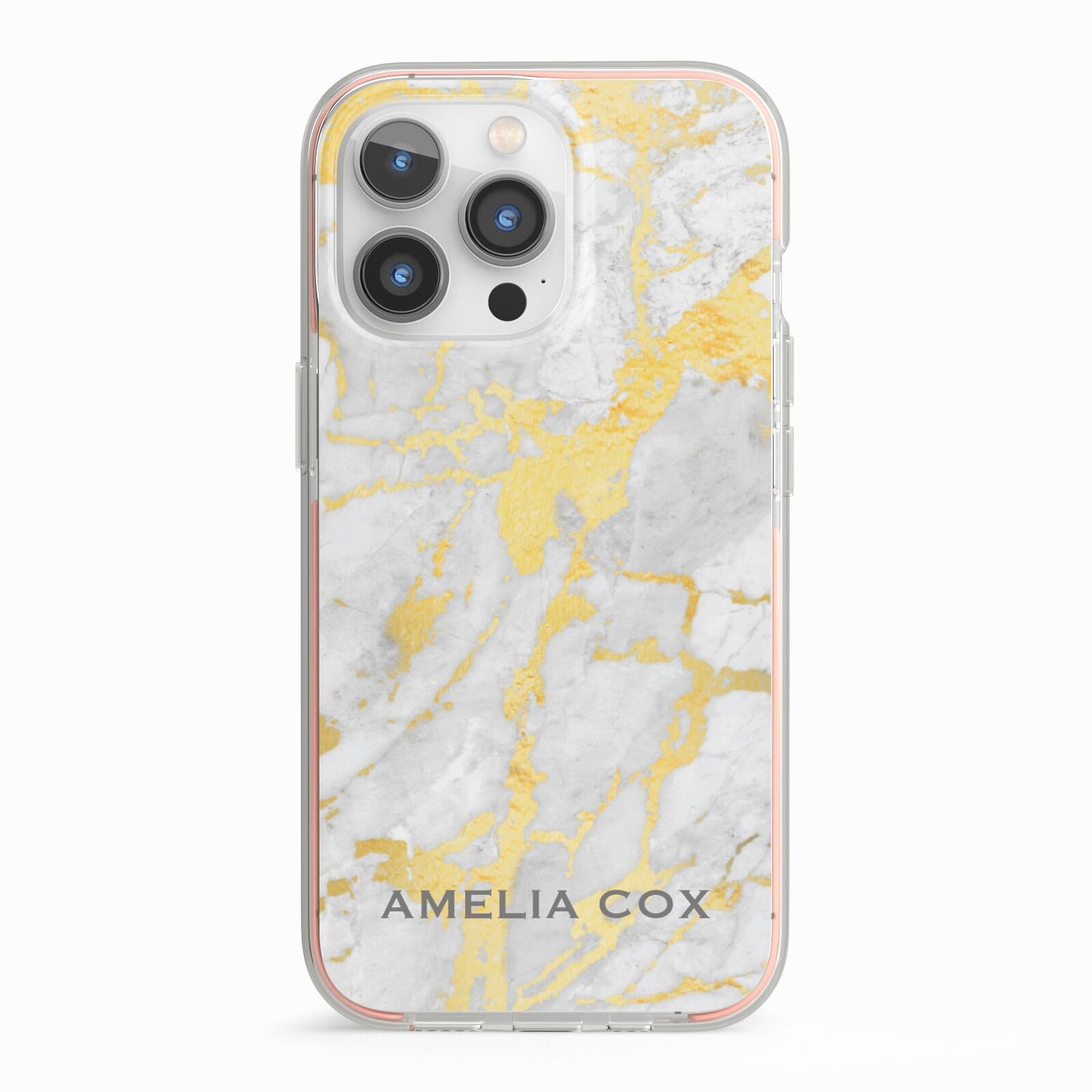 Gold Marble Name Personalised iPhone 13 Pro TPU Impact Case with Pink Edges