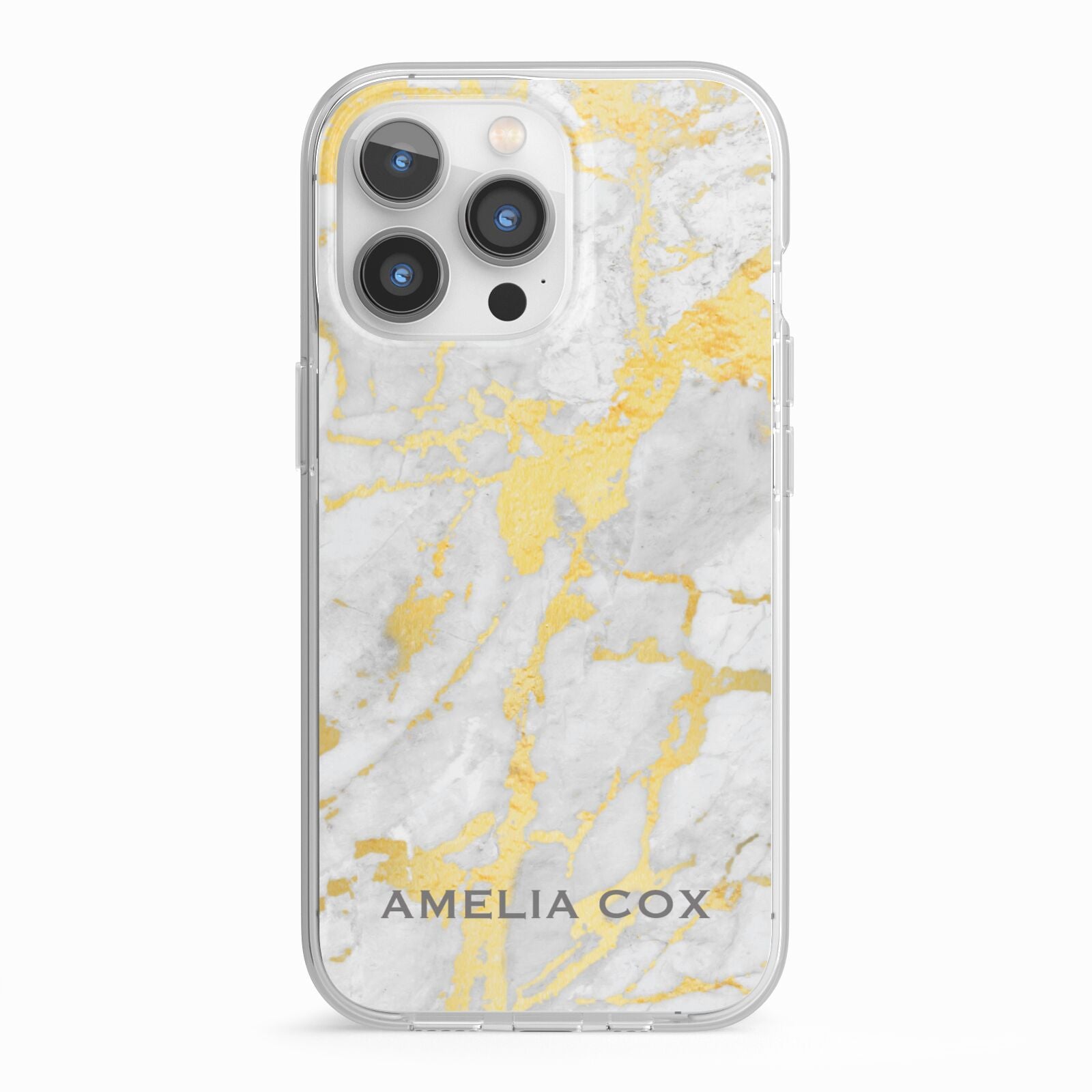 Gold Marble Name Personalised iPhone 13 Pro TPU Impact Case with White Edges