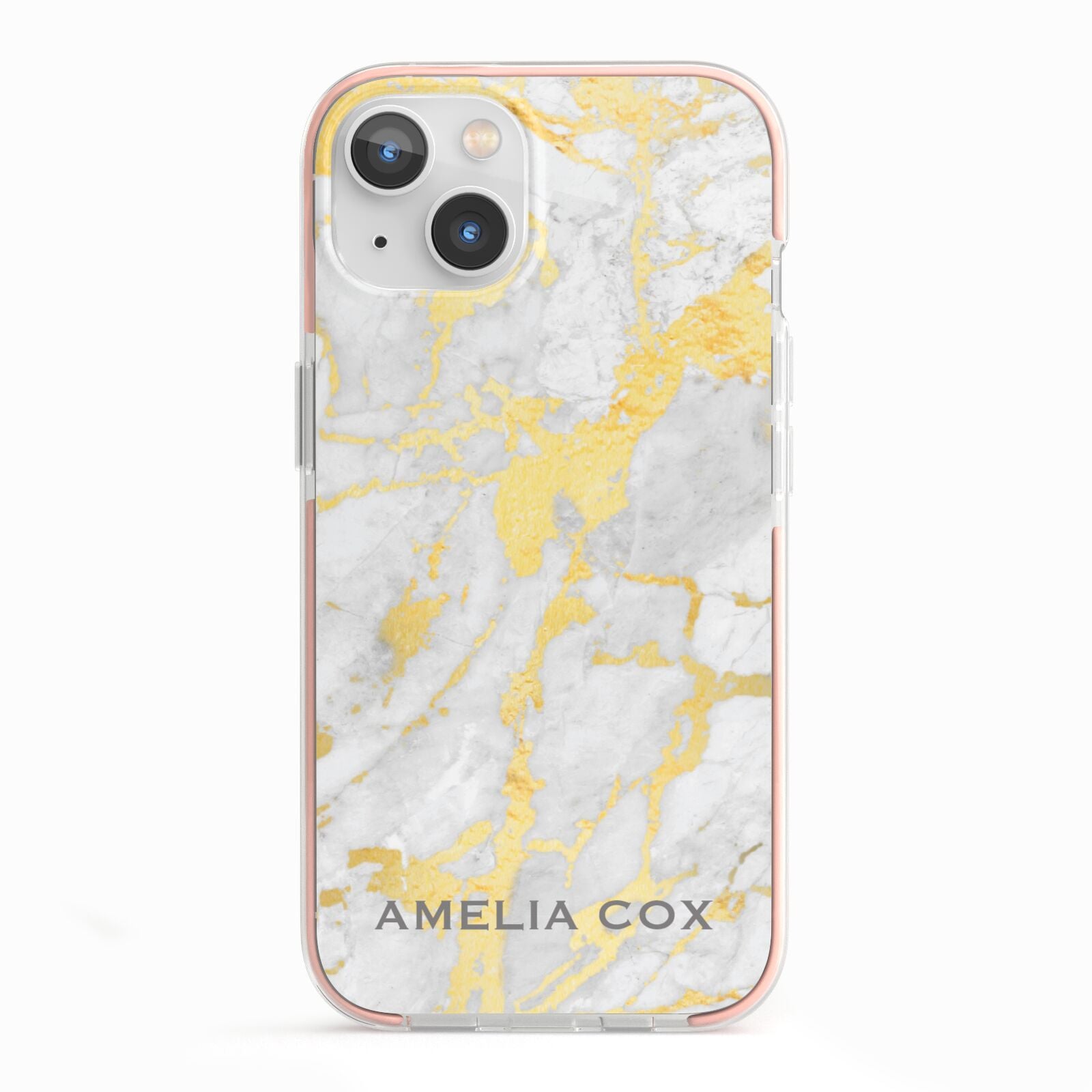 Gold Marble Name Personalised iPhone 13 TPU Impact Case with Pink Edges