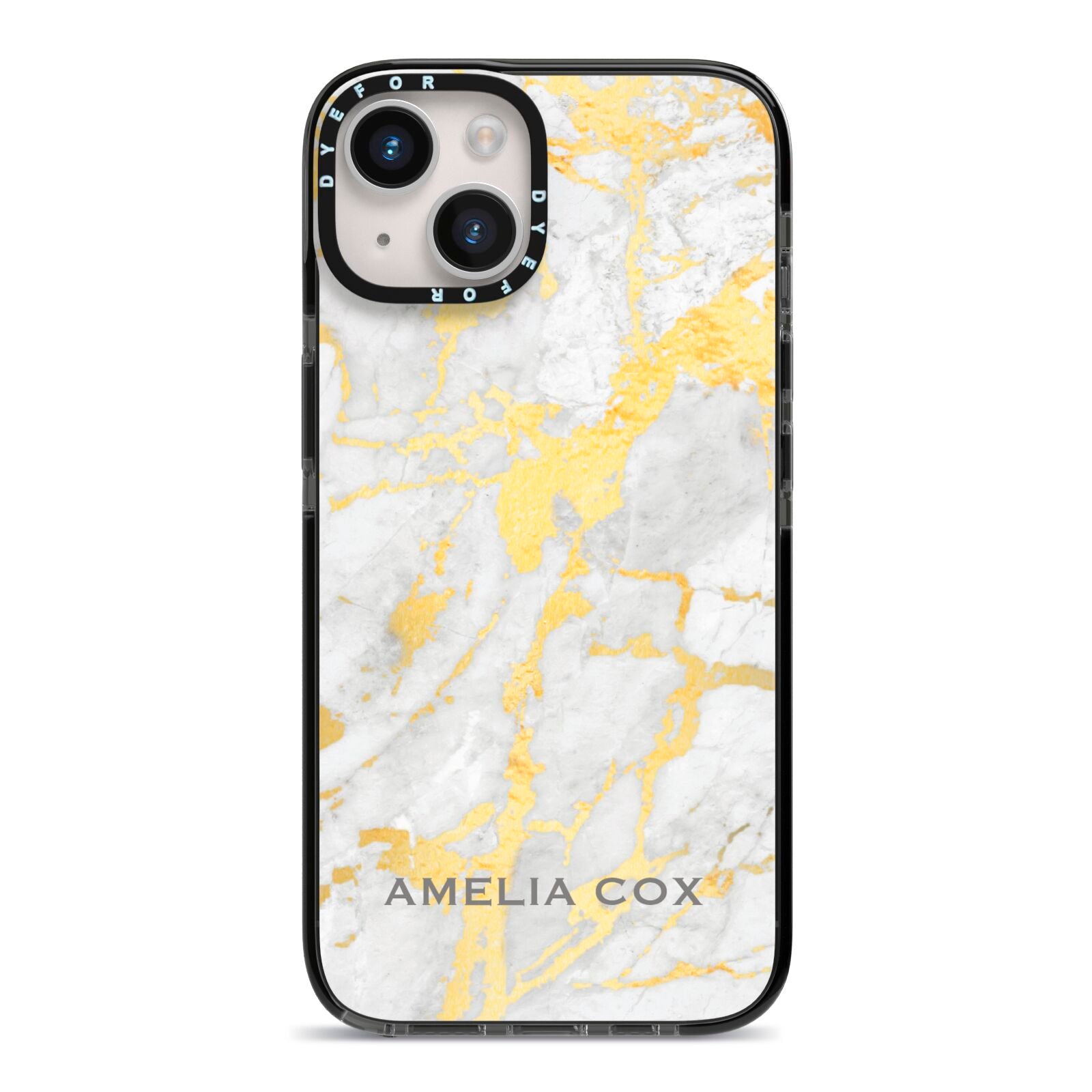 Gold Marble Name Personalised iPhone 14 Black Impact Case on Silver phone