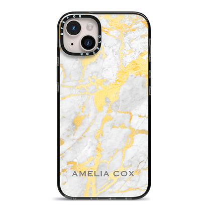 Gold Marble Name Personalised iPhone 14 Plus Black Impact Case on Silver phone