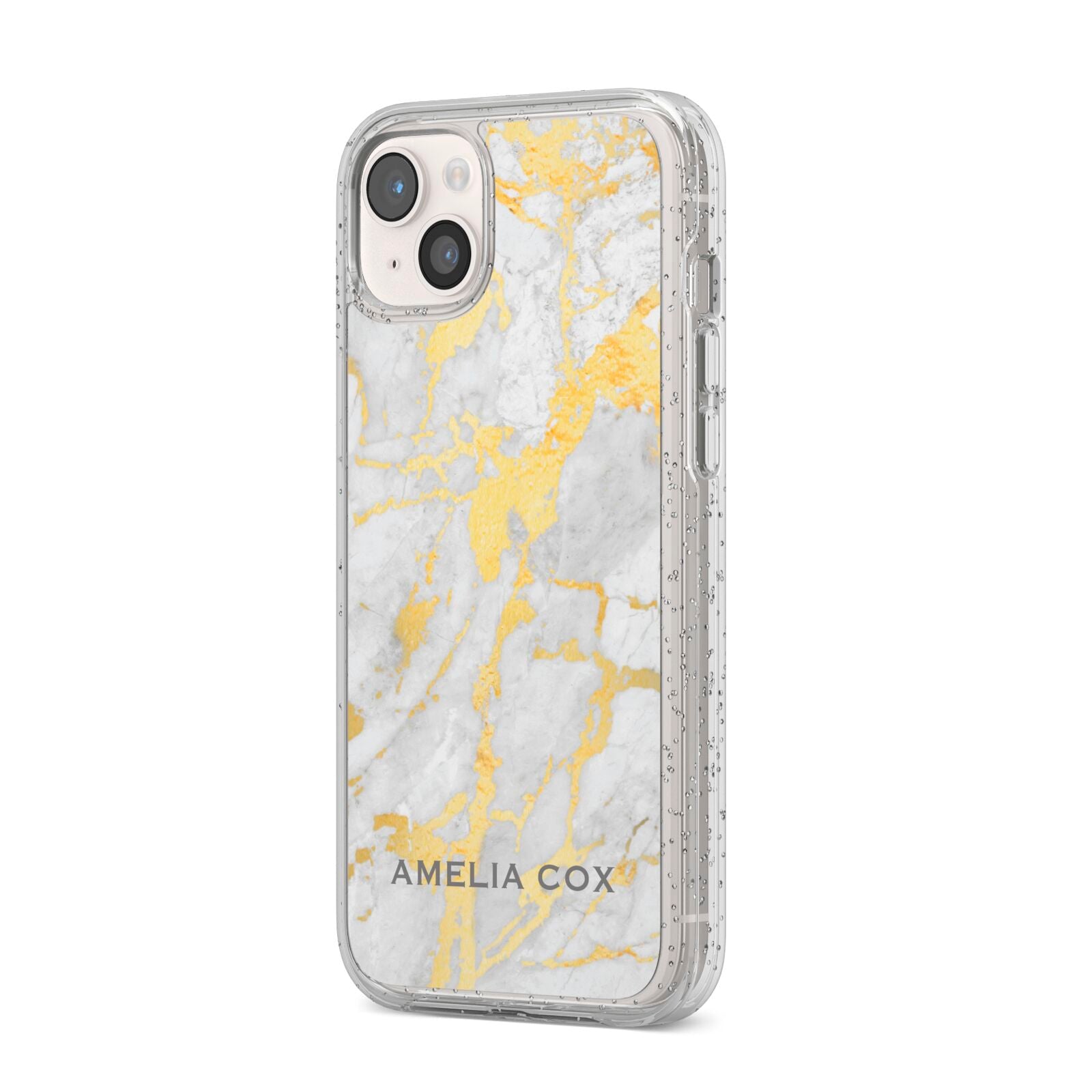 Gold Marble Name Personalised iPhone 14 Plus Glitter Tough Case Starlight Angled Image